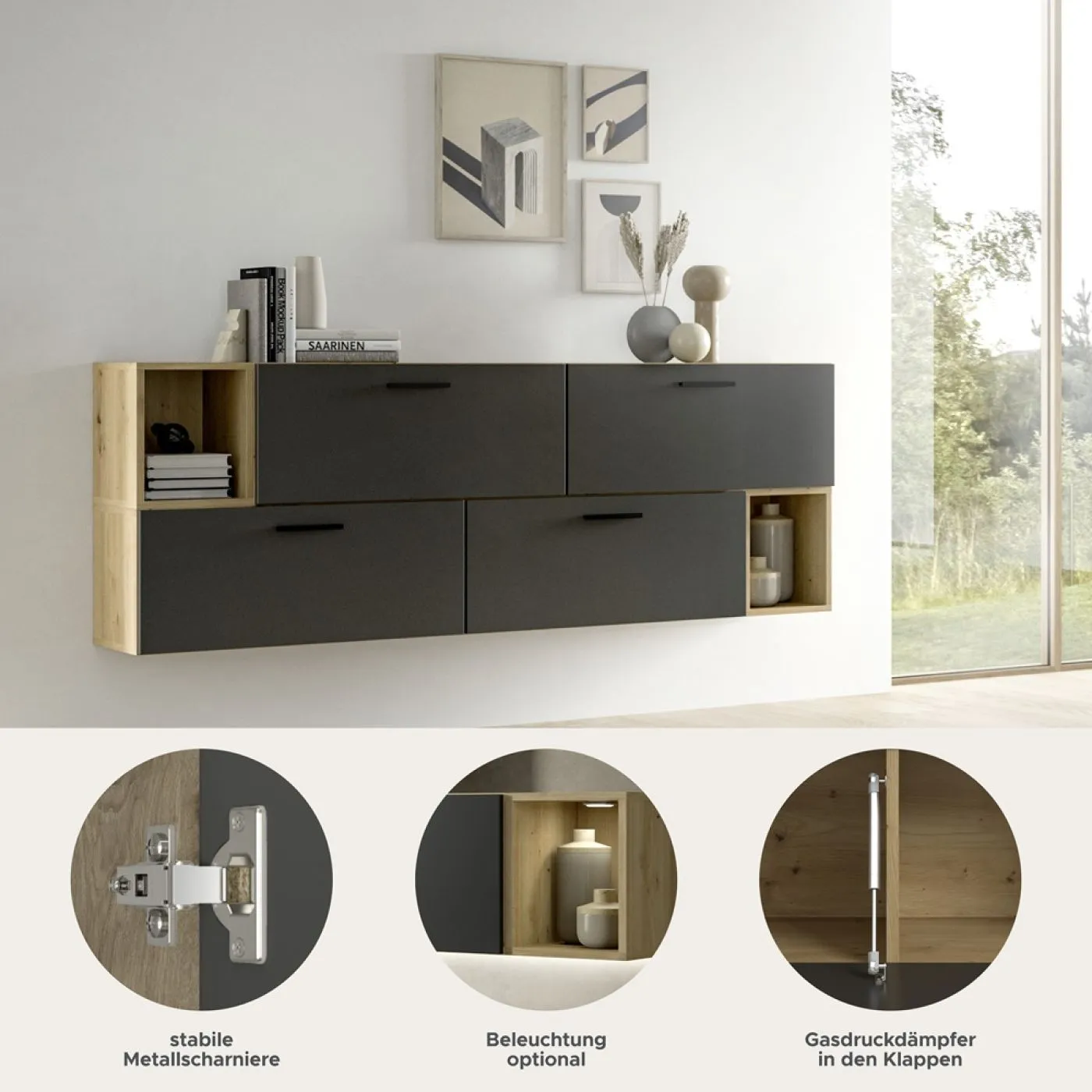 Wohnkombination The One 1 | 6-teilig | Artisan Eiche / Basalt grau mit 2er Set Unterbauspot