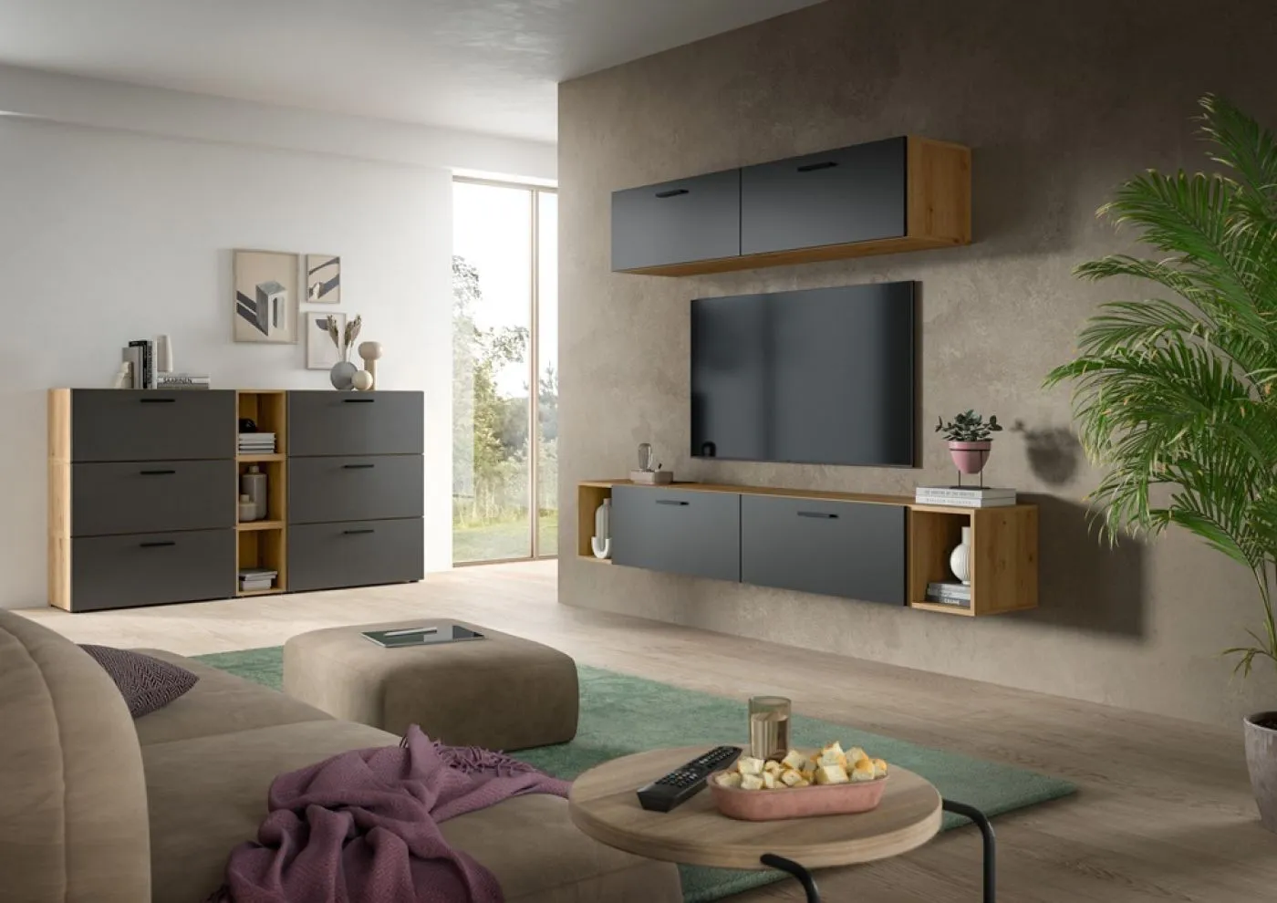 Wohnkombination The One 1 | 9-teilig | Artisan Oak / Basalt grau