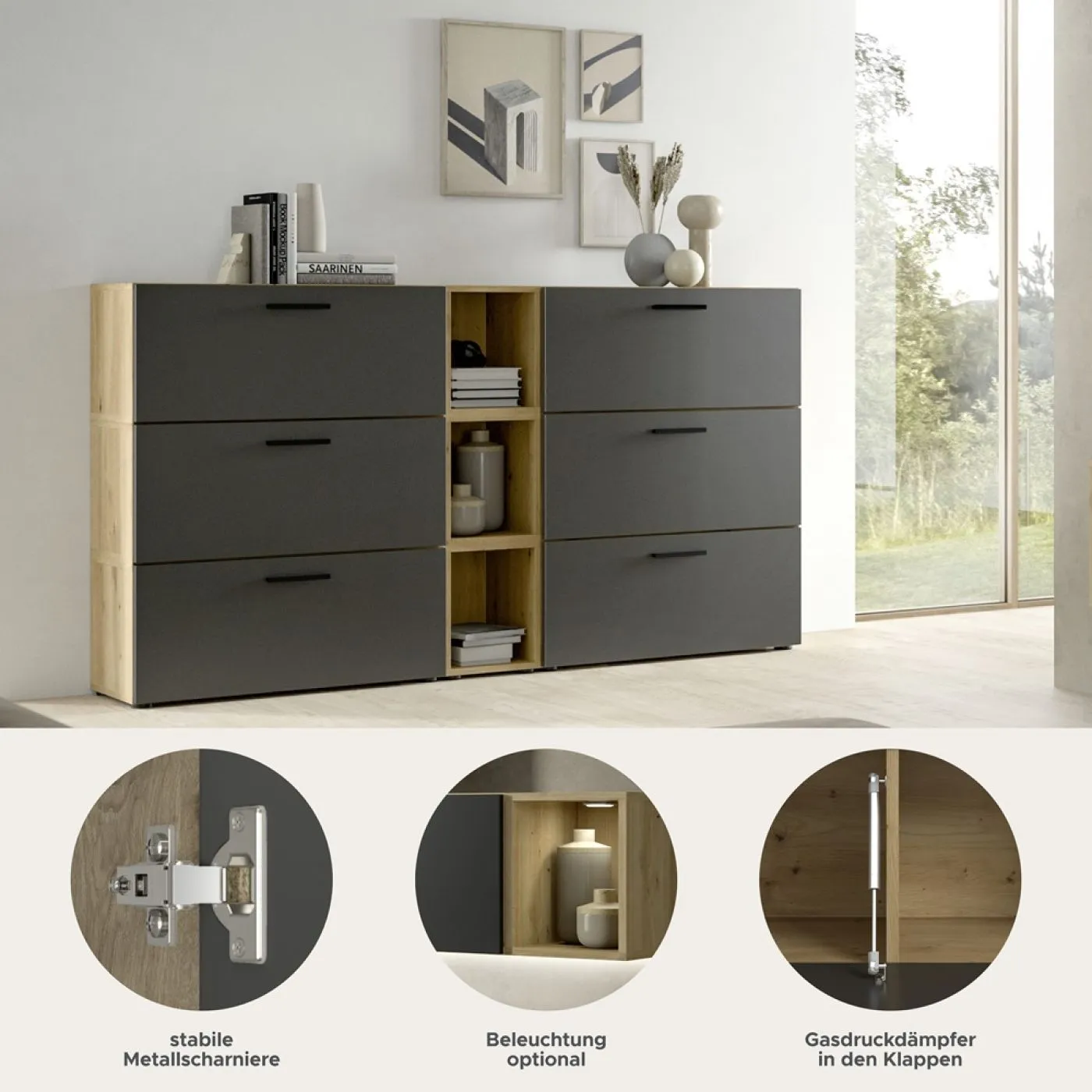 Wohnkombination The One 1 | 9-teilig | Artisan Oak / Basalt grau mit LED Bad warm-weiß 2x110cm