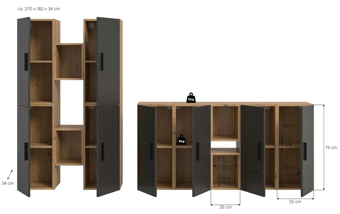 Wohnkombination The One | 12-teilig | Artisan Oak / Basalt grau