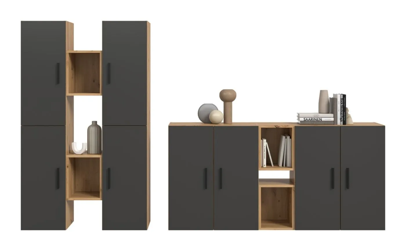 Wohnkombination The One | 12-teilig | Artisan Oak / Basalt grau mit 2er Set Unterbauspot