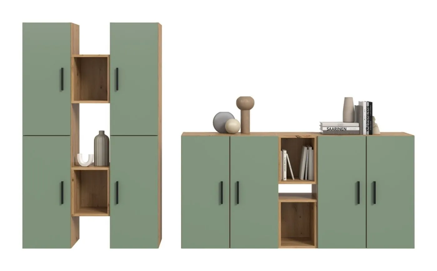 Wohnkombination The One | 12-teilig | Artisan Oak / Smoke Green mit LED Bad warm-weiß 2x110cm