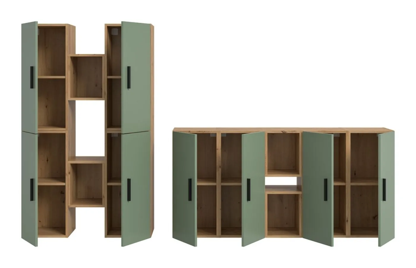Wohnkombination The One | 12-teilig | Artisan Oak / Smoke Green mit LED Bad warm-weiß 2x110cm