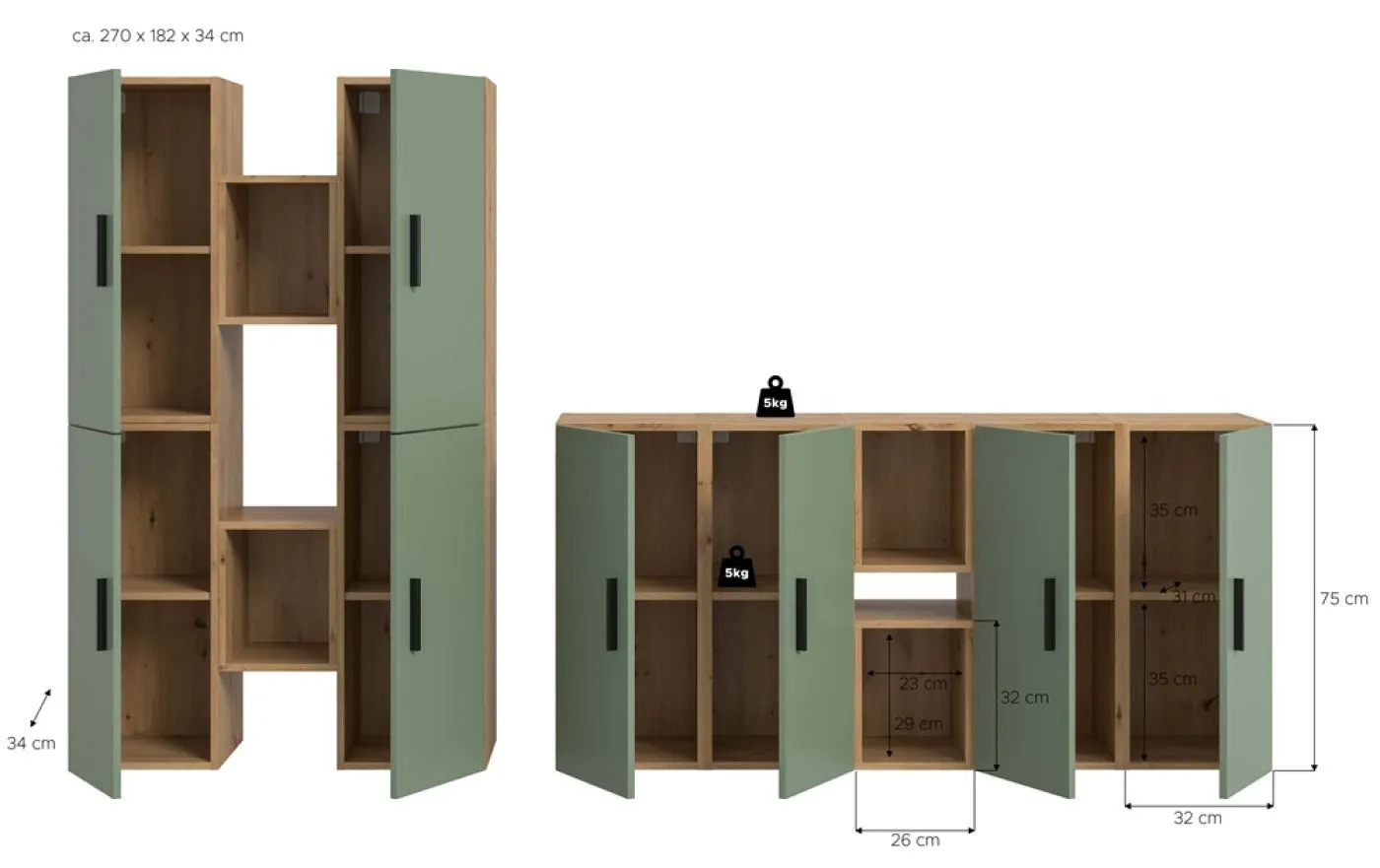 Wohnkombination The One | 12-teilig | Artisan Oak / Smoke Green ohne