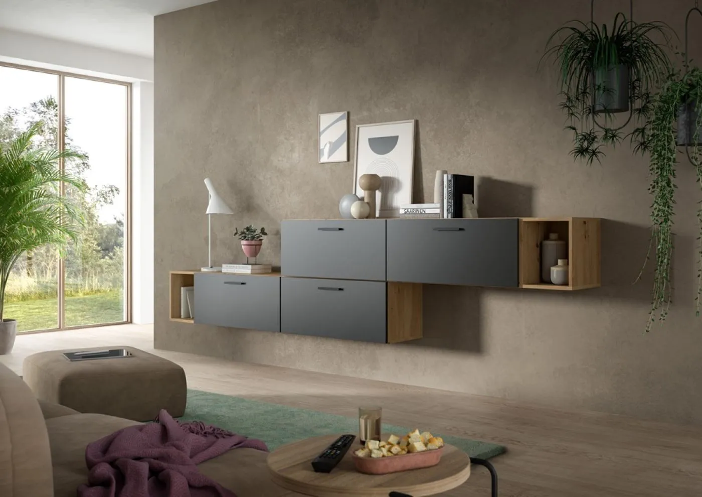 Wohnkombination The One 2 | 6-teilig | Artisan Eiche / Basalt grau mit 2er Set Unterbauspot