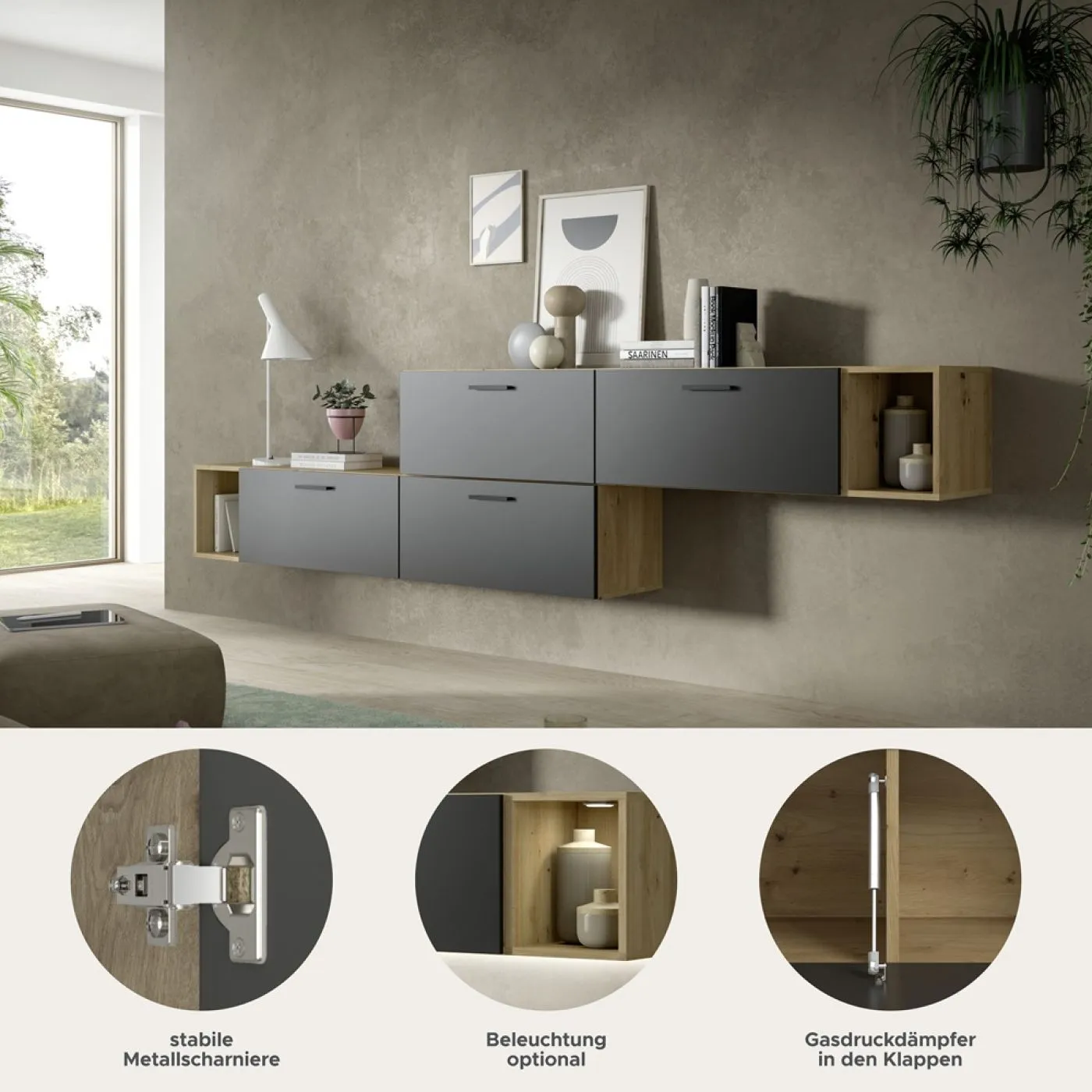 Wohnkombination The One 2 | 6-teilig | Artisan Eiche / Basalt grau mit LED