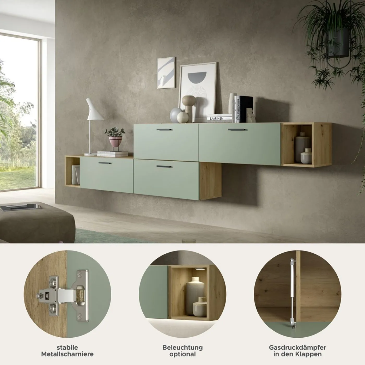 Wohnkombination The One 2 | 6-teilig | Artisan Eiche / Smoke Green mit 2er Set Unterbauspot
