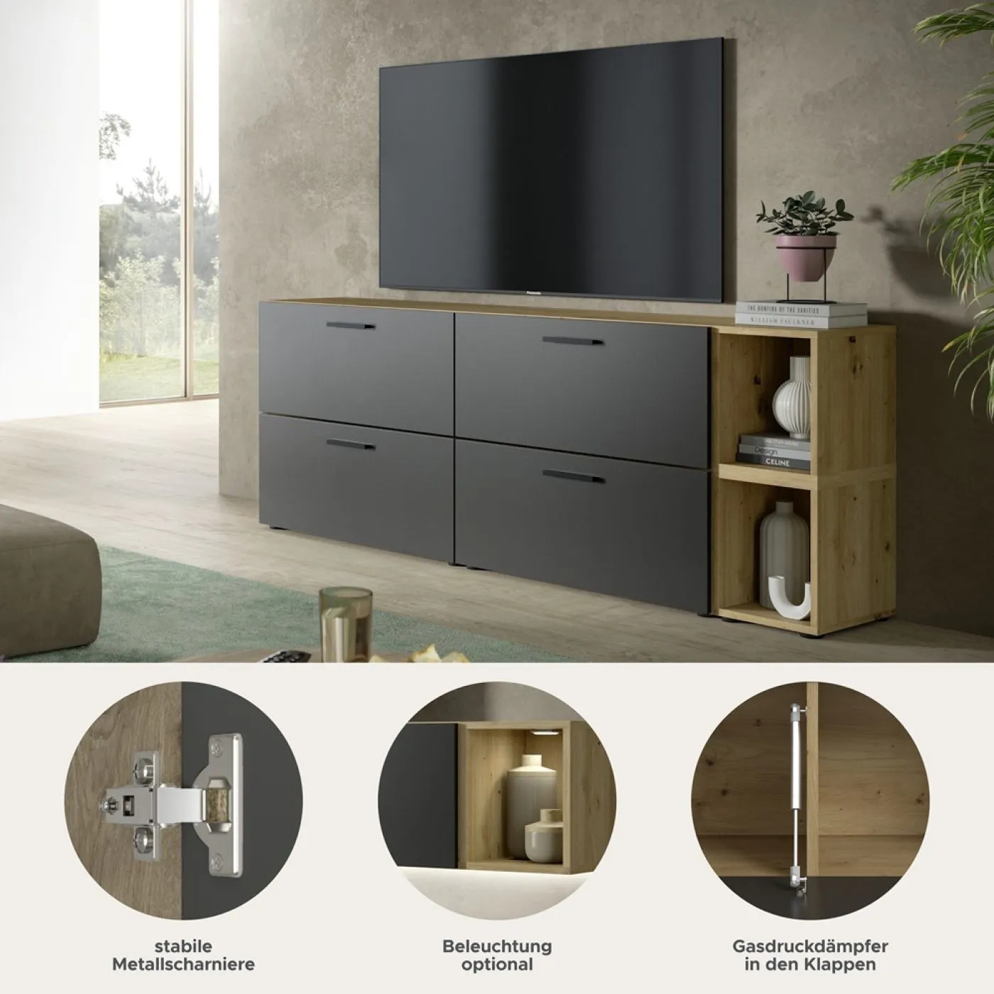Wohnkombination The One 3 | 6-teilig | Artisan Oak / Basalt grau mit 2er Set Unterbauspot