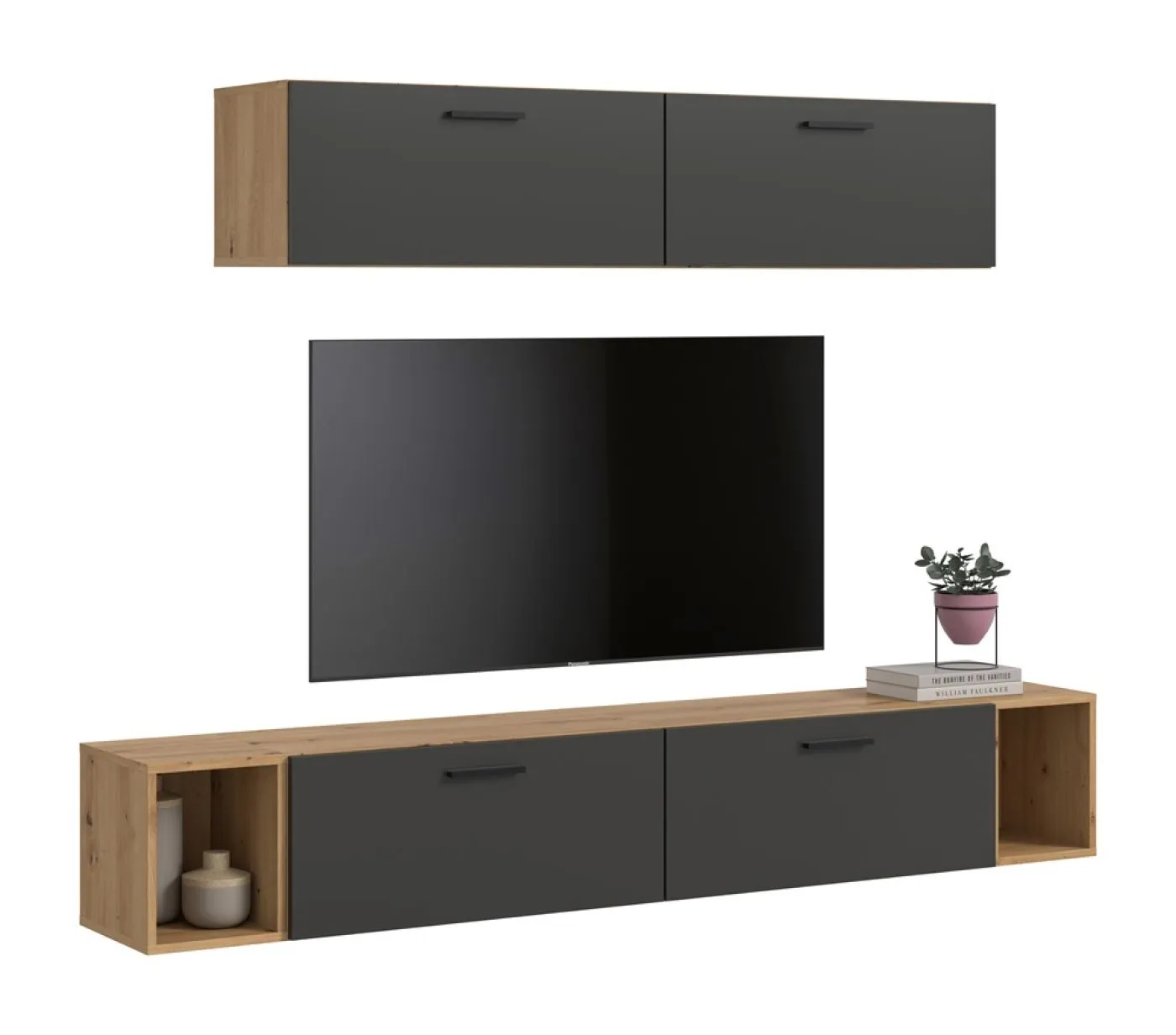 Wohnkombination The One 4 | 6-teilig | Artisan Oak / Basalt grau LED Bad warm-weiß 2x 110cm