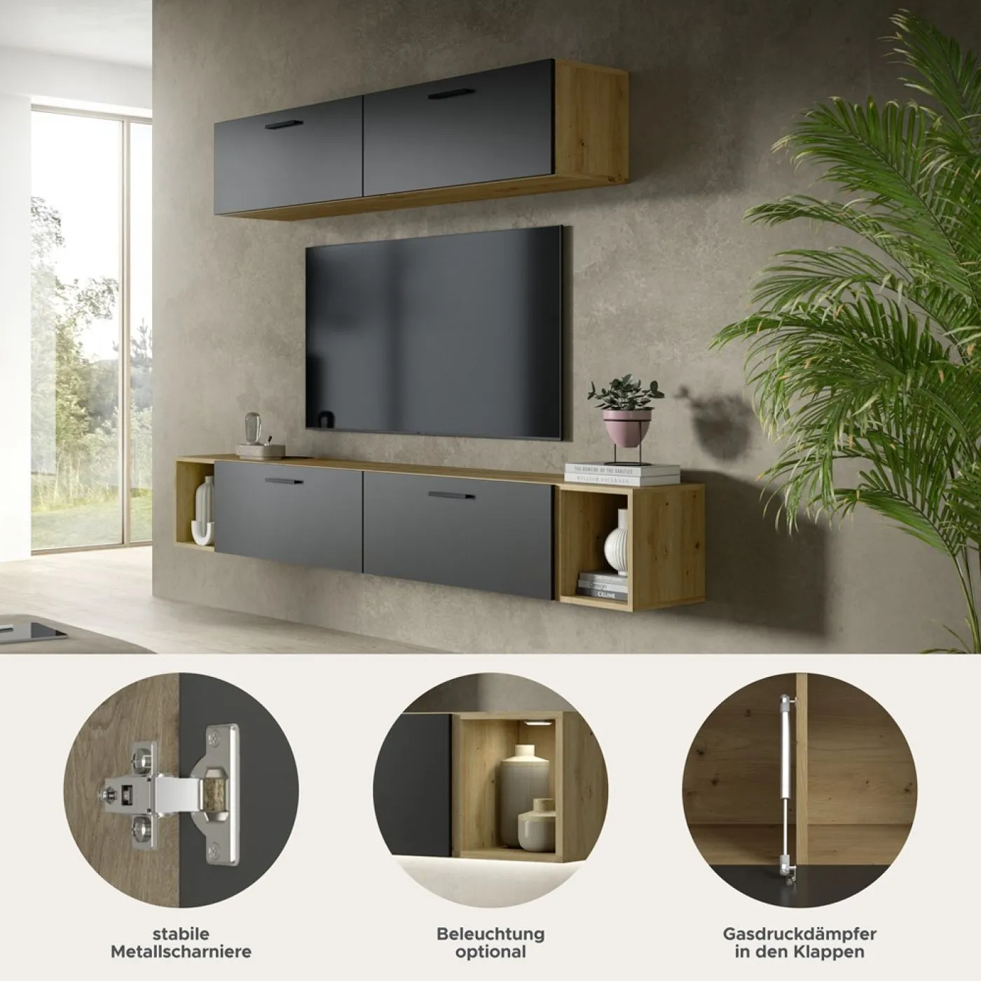 Wohnkombination The One 4 | 6-teilig | Artisan Oak / Basalt grau mit 2er Set Unterbauspot