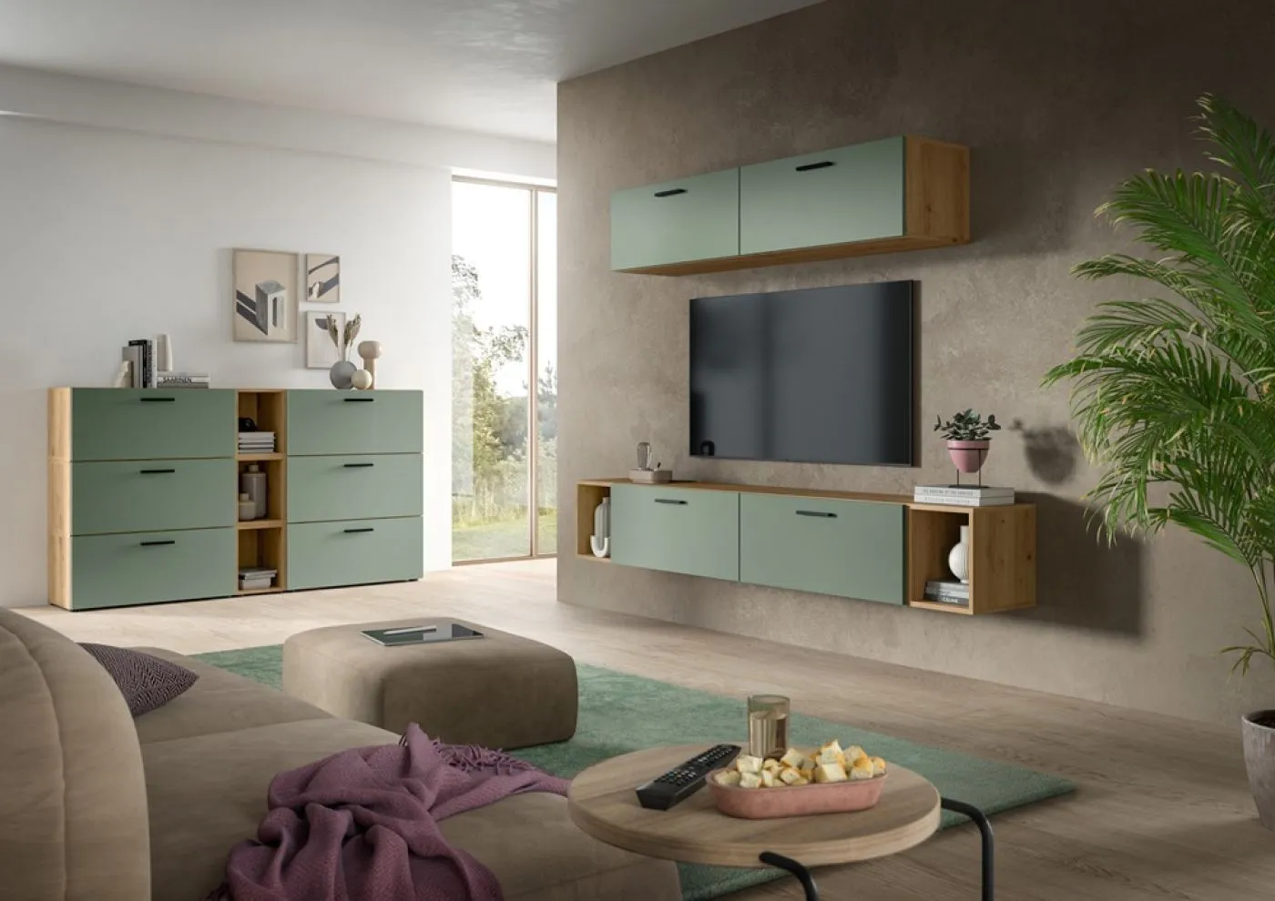 Wohnkombination The One 4 | 6-teilig | Artisan Oak / Smoke Green Komplettset