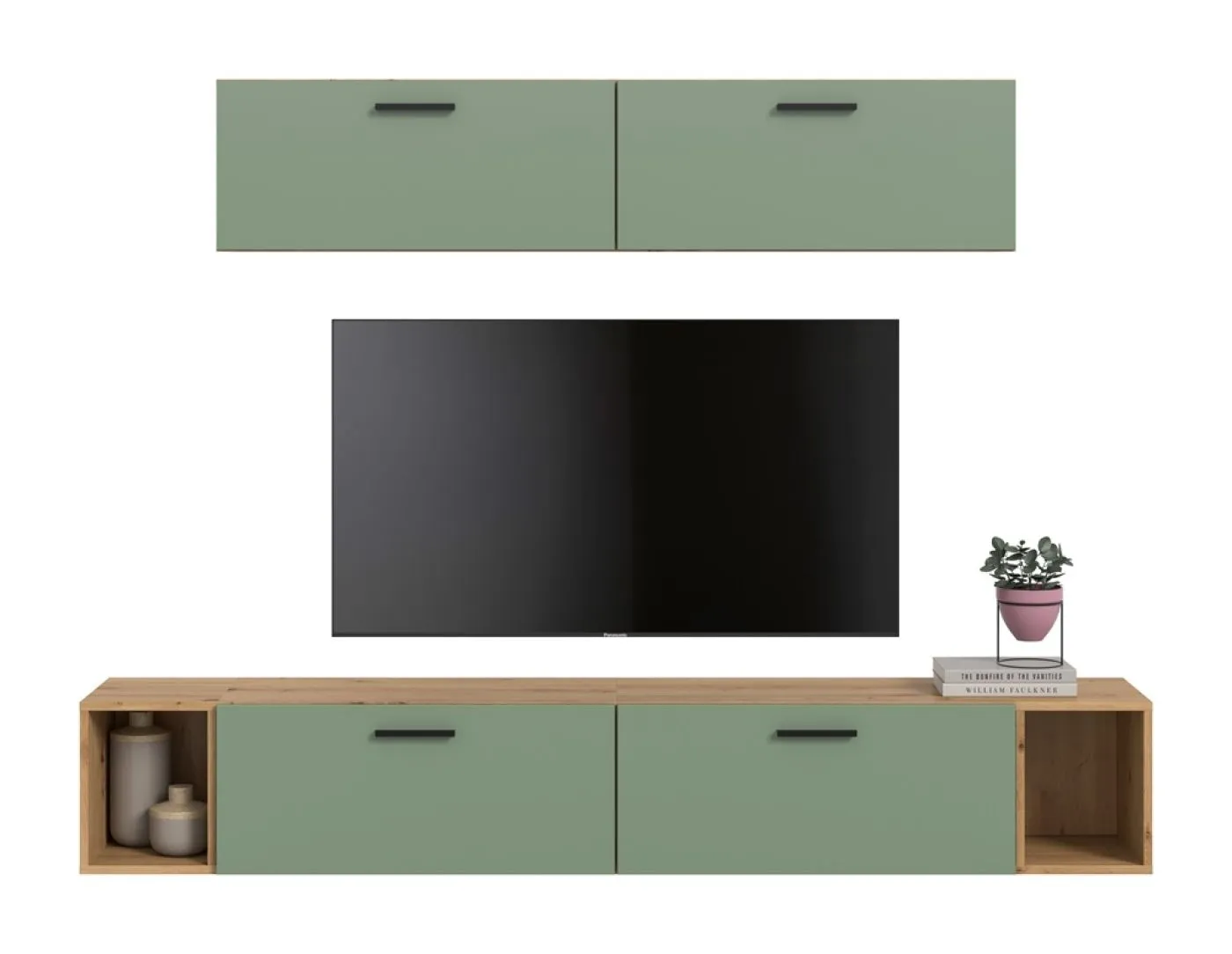 Wohnkombination The One 4 | 6-teilig | Artisan Oak / Smoke Green mit 2er Set Unterbauspot