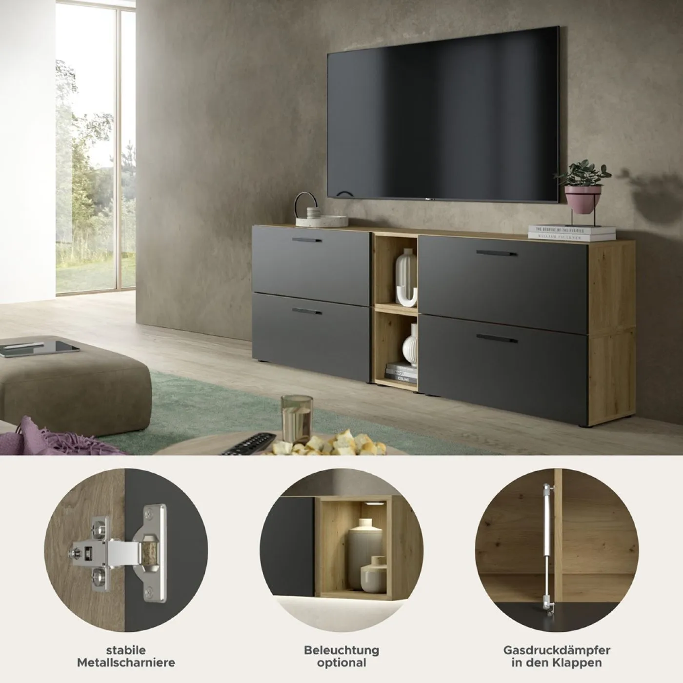 Wohnkombination The One 5 | 6-teilig | Artisan Oak / Basalt grau mit 2er Set Unterbauspot