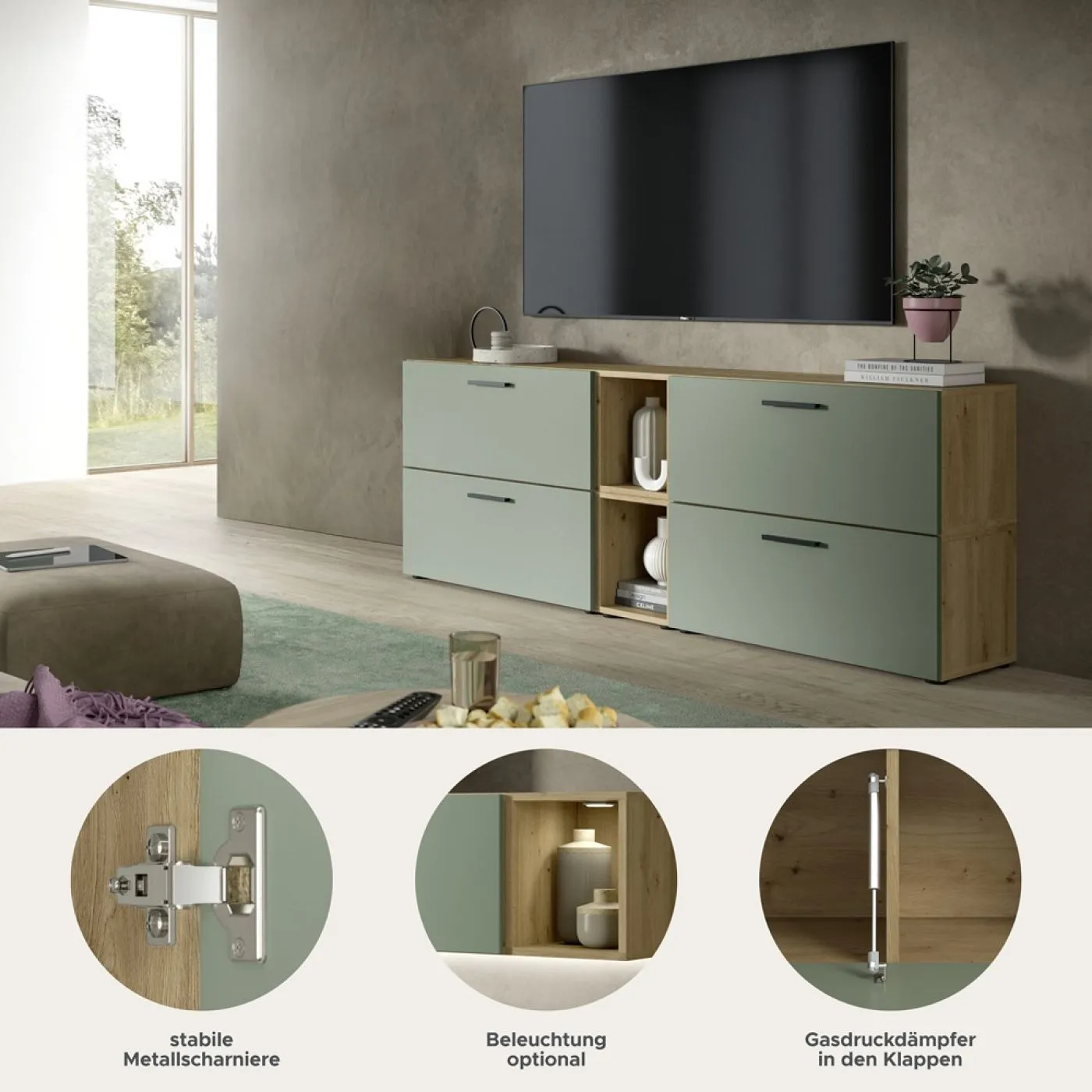 Wohnkombination The One 5 | 6-teilig | Artisan Oak / Smoke Green mit 2er Set Unterbauspot