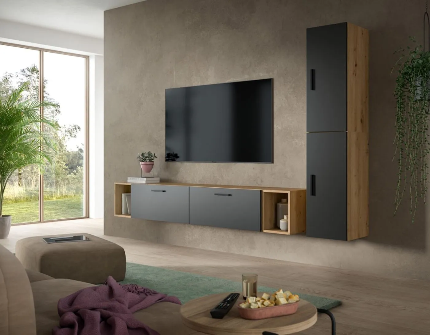 Wohnkombination The One | 6-teilig | Artisan Eiche / Basalt grau mit LED