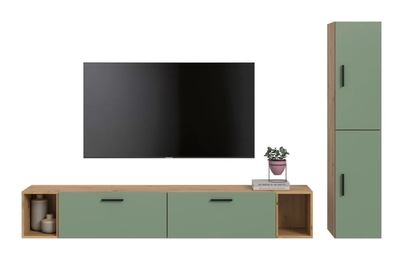 Wohnkombination The One | 6-teilig | Artisan Eiche / Smoke Green mit 2er Set Unterbauspot