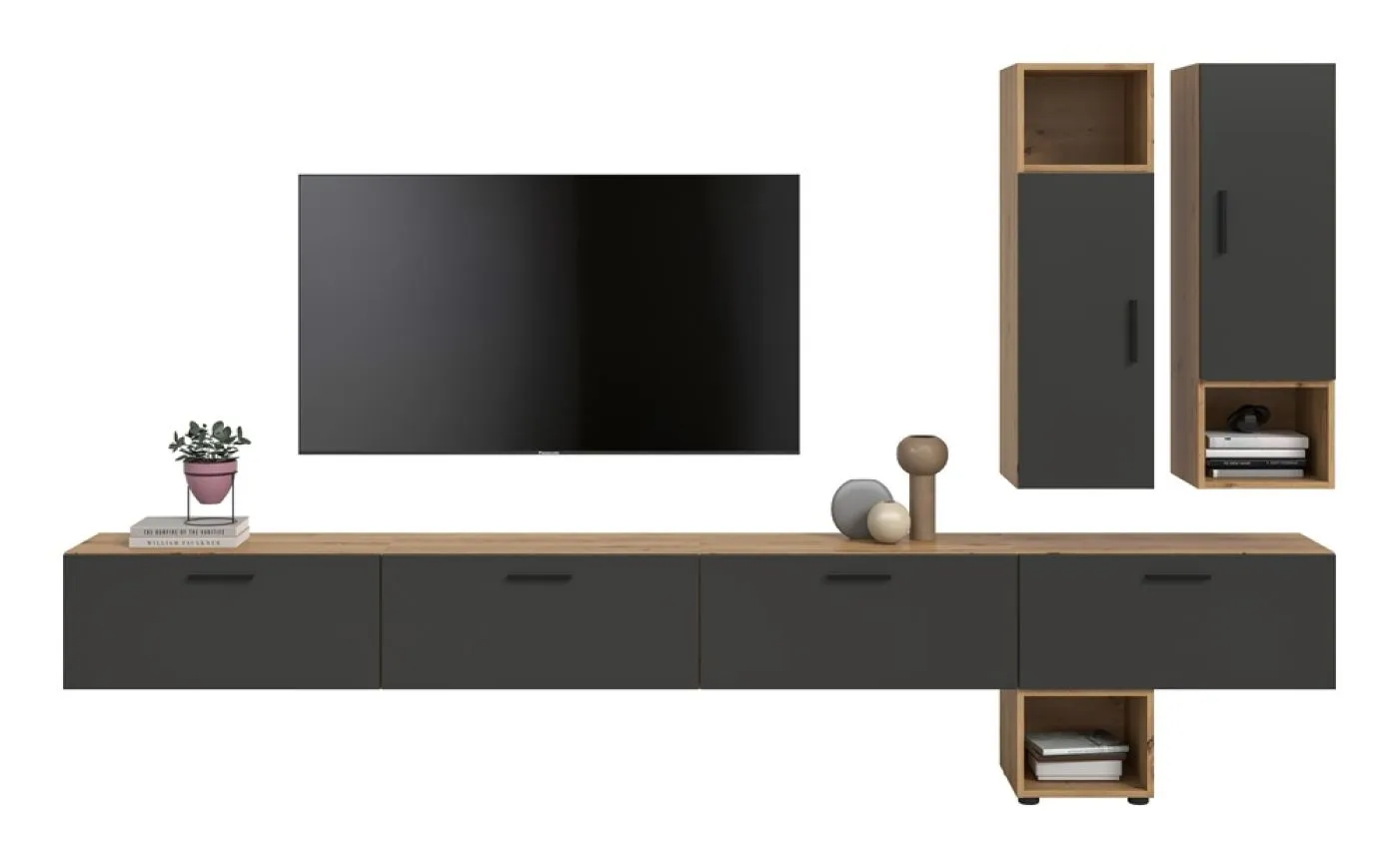 Wohnkombination The One | 9-teilig | Artisan Oak / Basalt grau mit LED Bad warm-weiß 2x 110cm