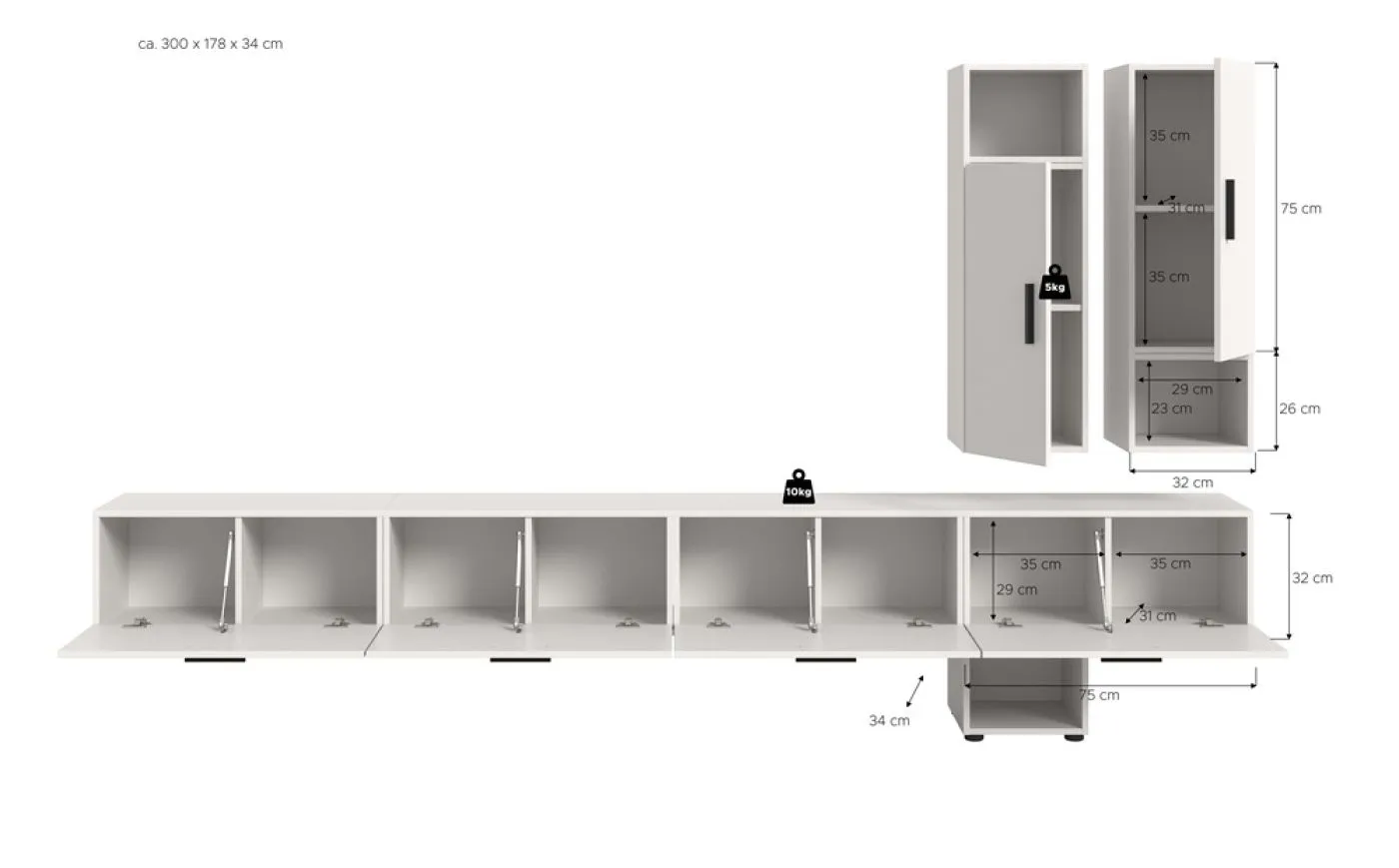 Wohnkombination The One | 9-teilig | weiß mit LED Bad warm-weiß 2x 110cm