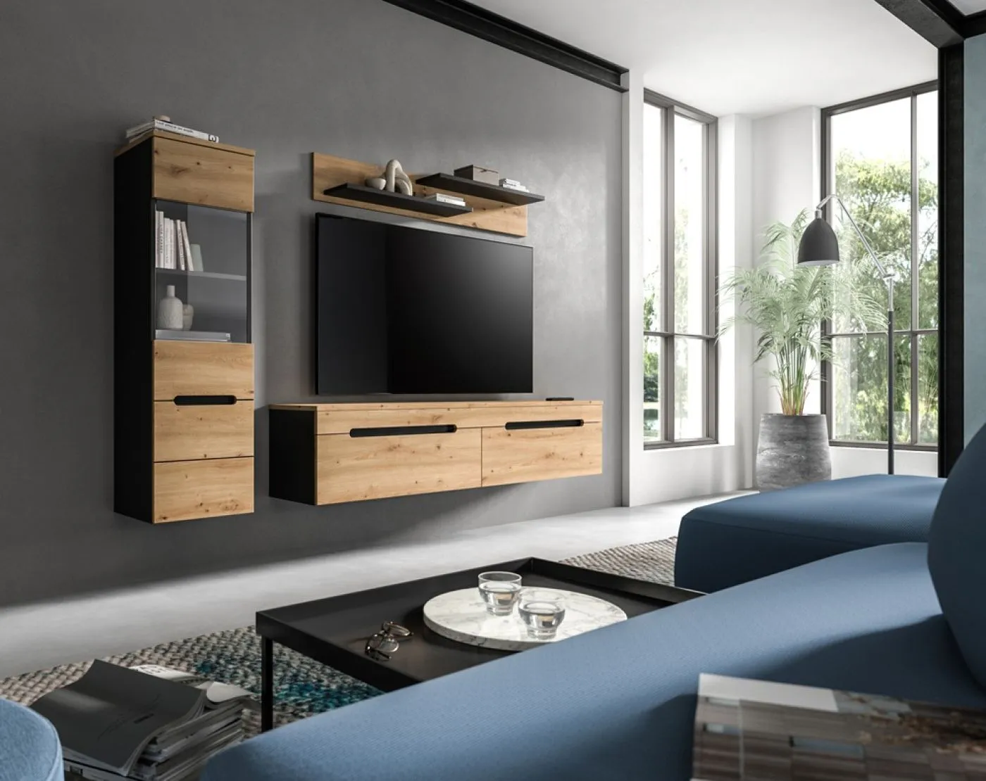 Wohnwand Anbauwand Canu | 2-teilig | Artisan / Basalt Grau