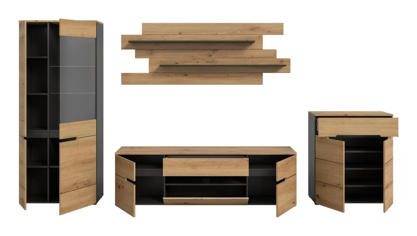 Wohnwand Anbauwand Canu | 4-teilig | Artisan / Basalt Grau