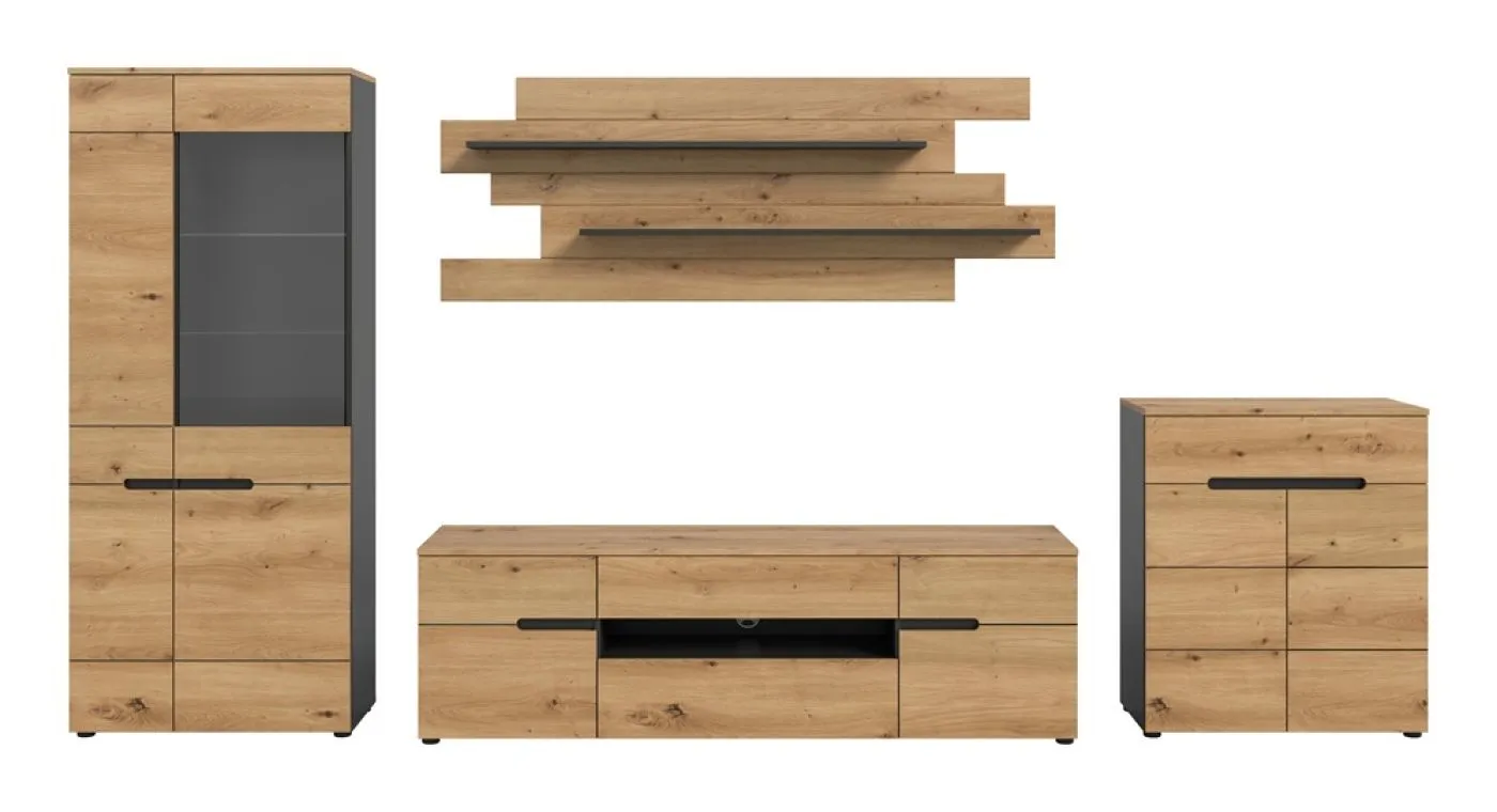 Wohnwand Anbauwand Canu | 4-teilig | Artisan / Basalt Grau | LED Beleuchtung