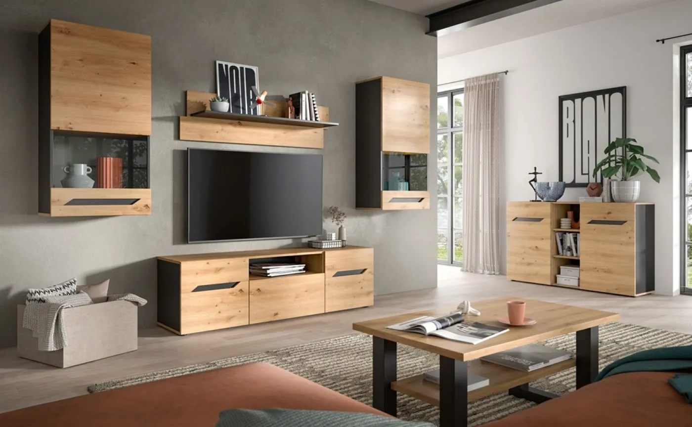 Wohnwand Anbauwand Caserta | 4-teilig | Artisan Eiche / Basalt grau | LED Beleuchtung