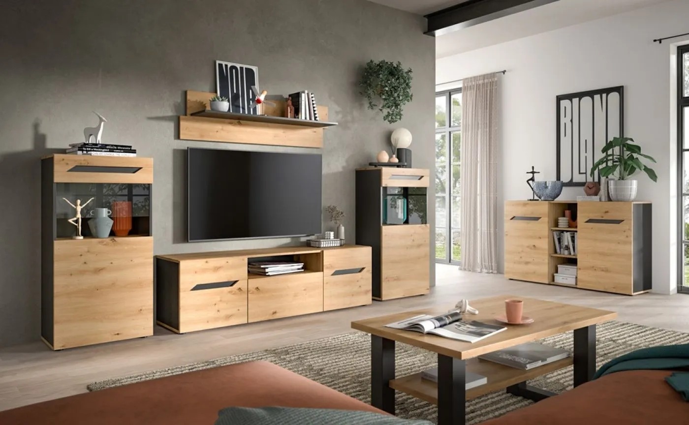 Wohnwand Anbauwand Caserta | 4-teilig | Artisan Eiche / Basalt grau | mit Unterbauspot