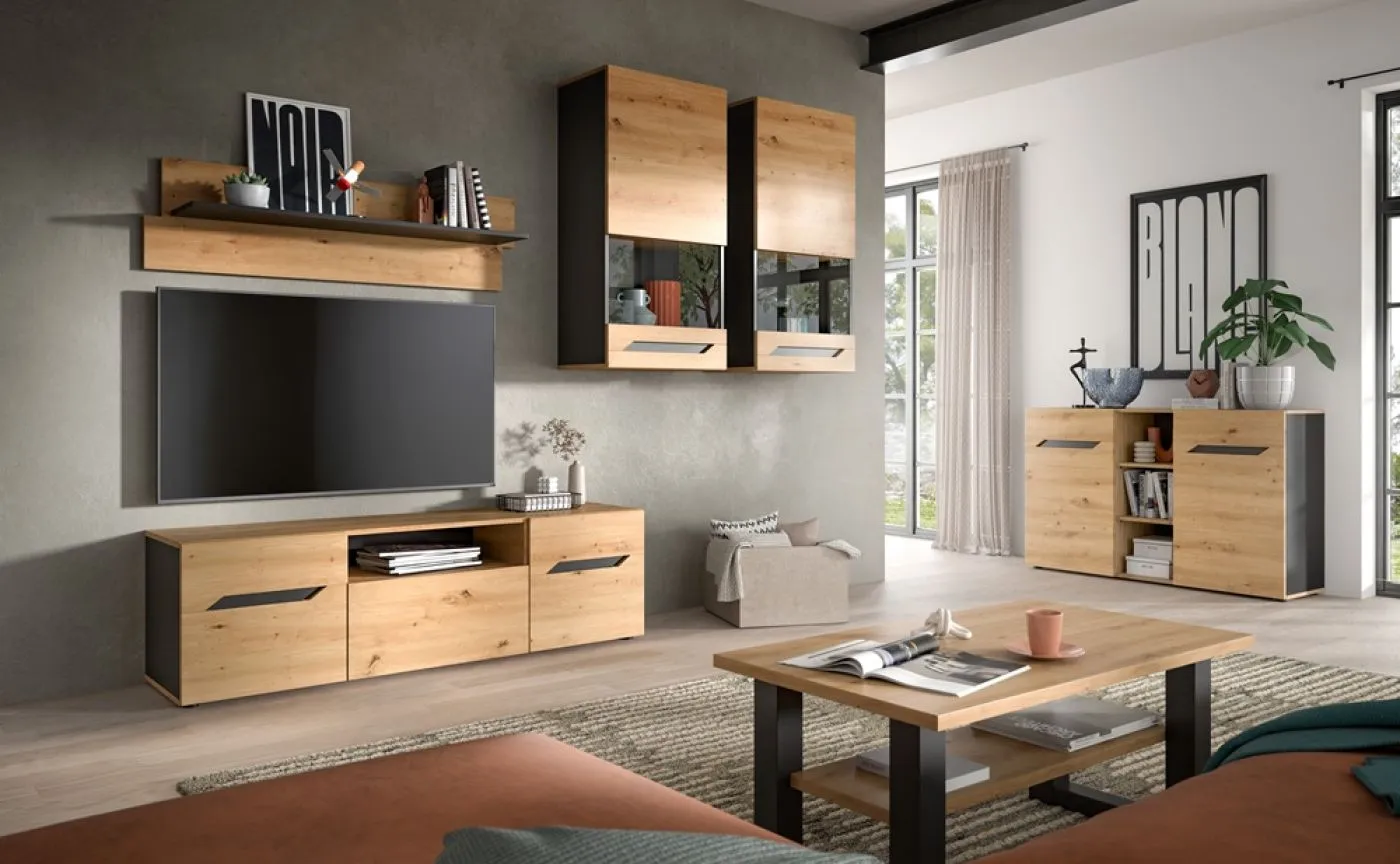 Wohnwand Anbauwand Caserta | 4-teilig | Artisan Eiche / Basalt grau | ohne Beleuchtung