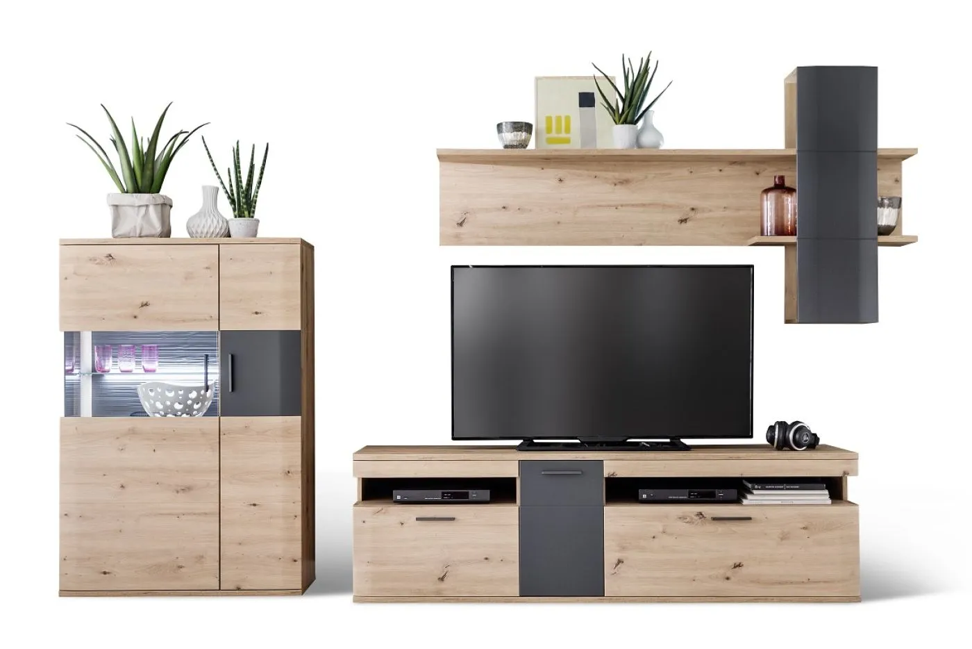 Wohnwand Anbauwand Cortona 2 | Balkeneiche / anthrazit | 3-teilig | LED Beleuchtung