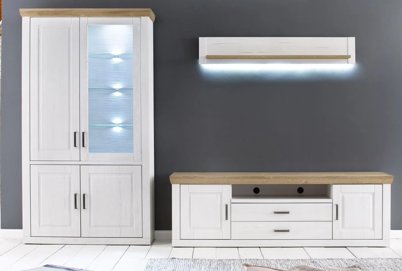 Wohnwand Anbauwand II Brixen | Landhaus modern | Pinie Aurelio / Grandson Oak | 3-teilig | LED Beleuchtung 3