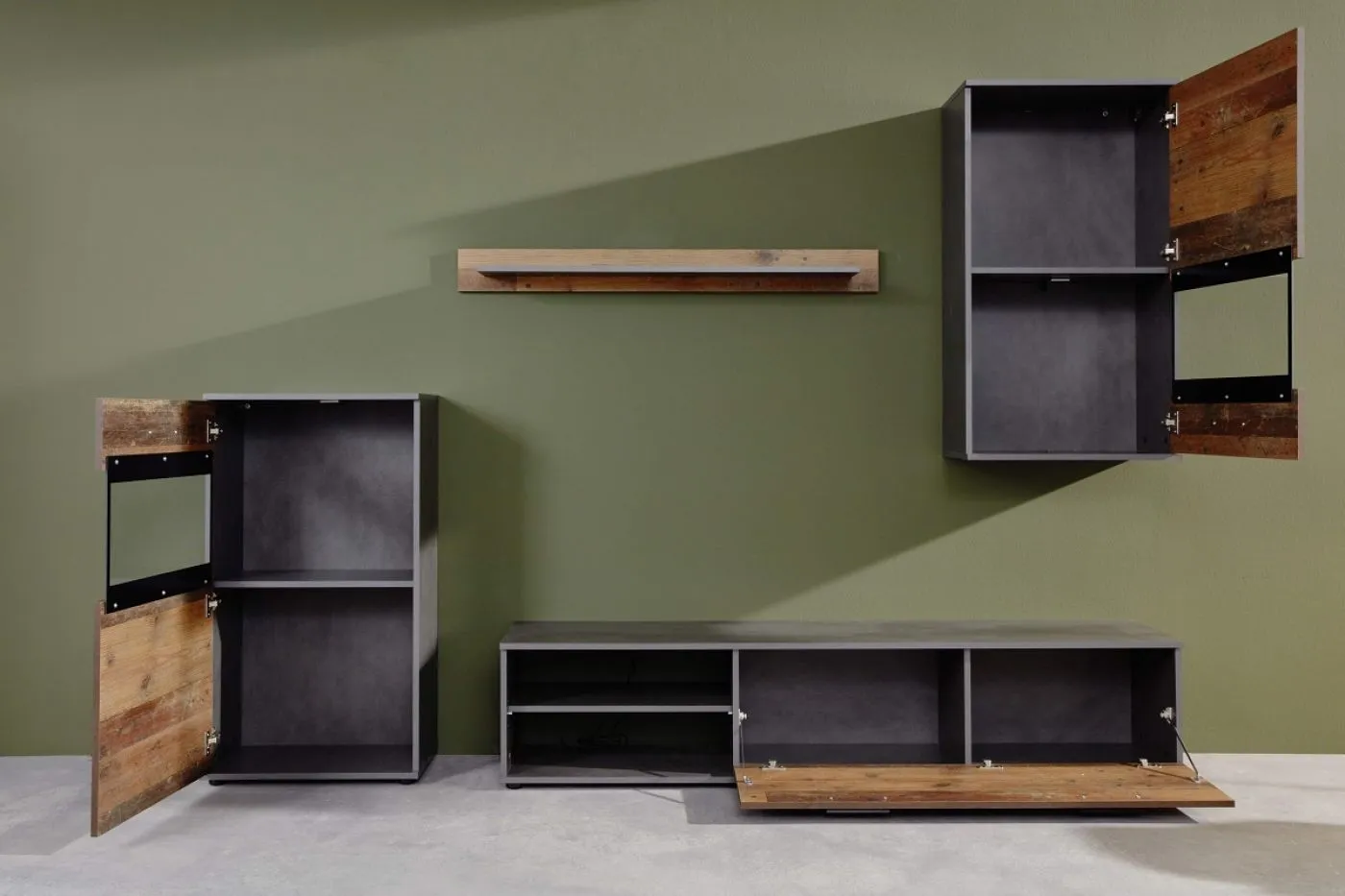Wohnwand Anbauwand Mango | Old Used Wood / Matera grau | 4-teilig | LED Beleuchtung 6