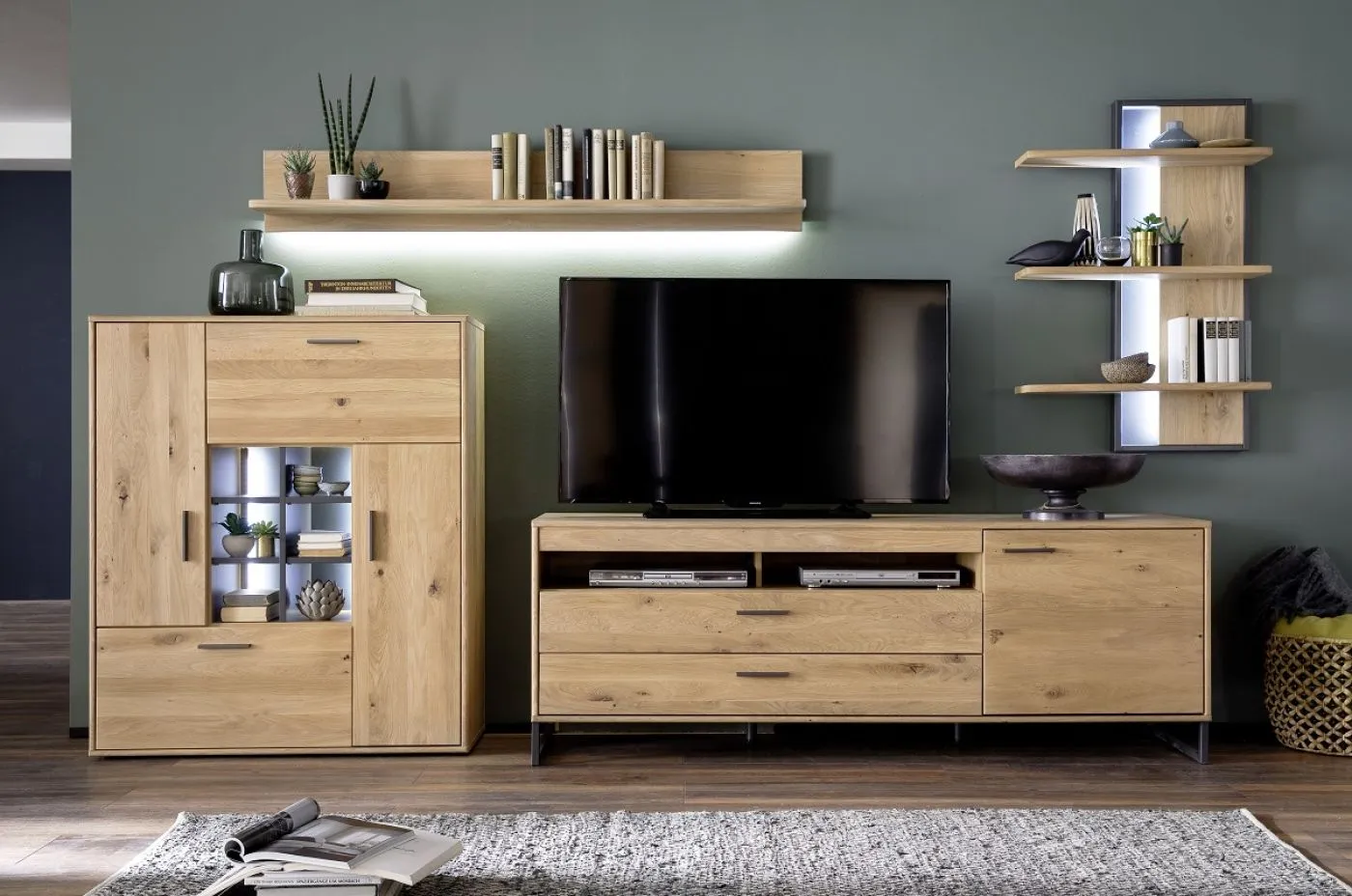 Wohnwand Anbauwand Portland | Asteiche Bianco massiv | 4-teilig