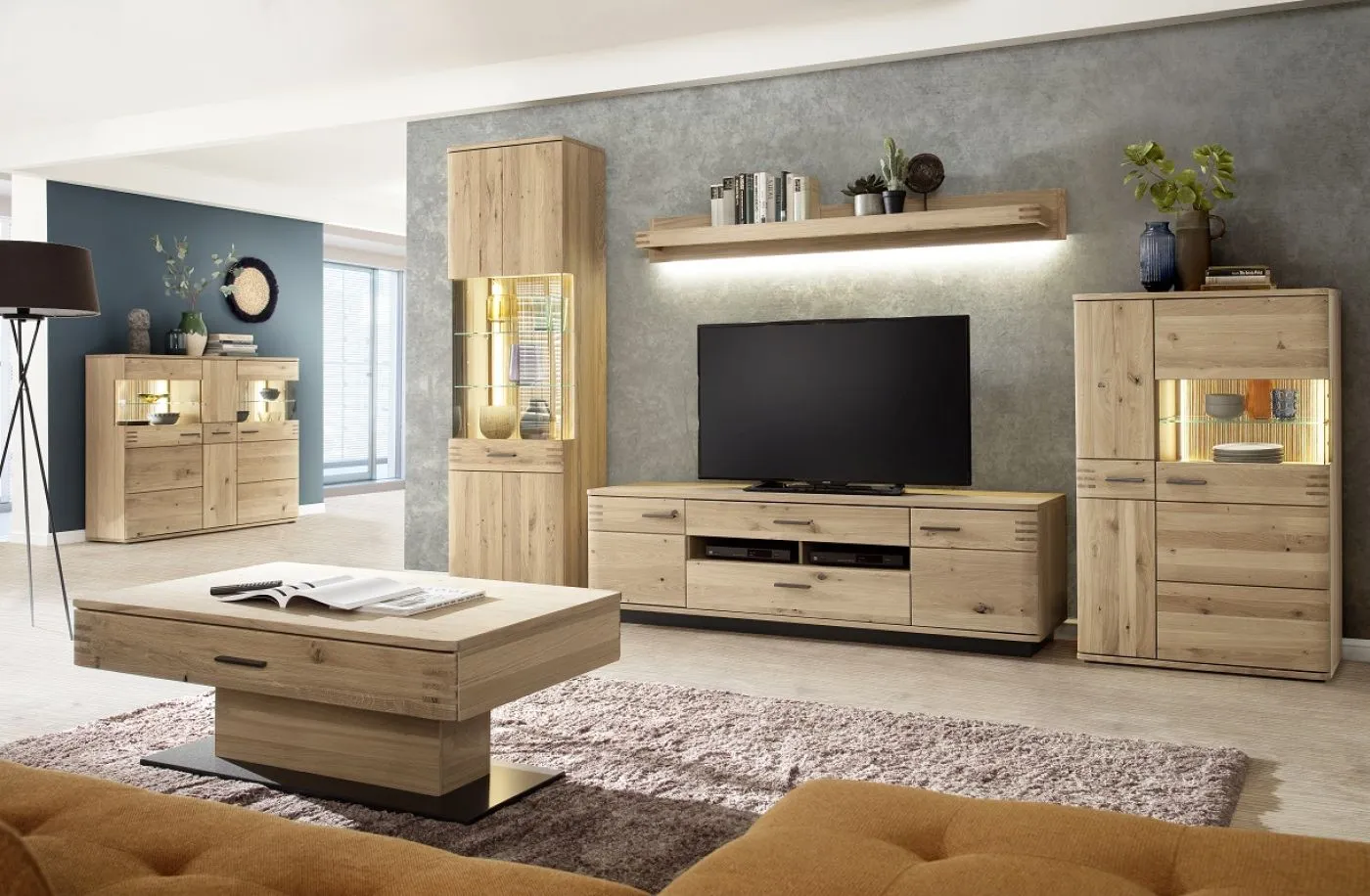 Wohnwand Anbauwand Salvador 1 | Balkeneiche Bianco | 4-teilig | LED 4