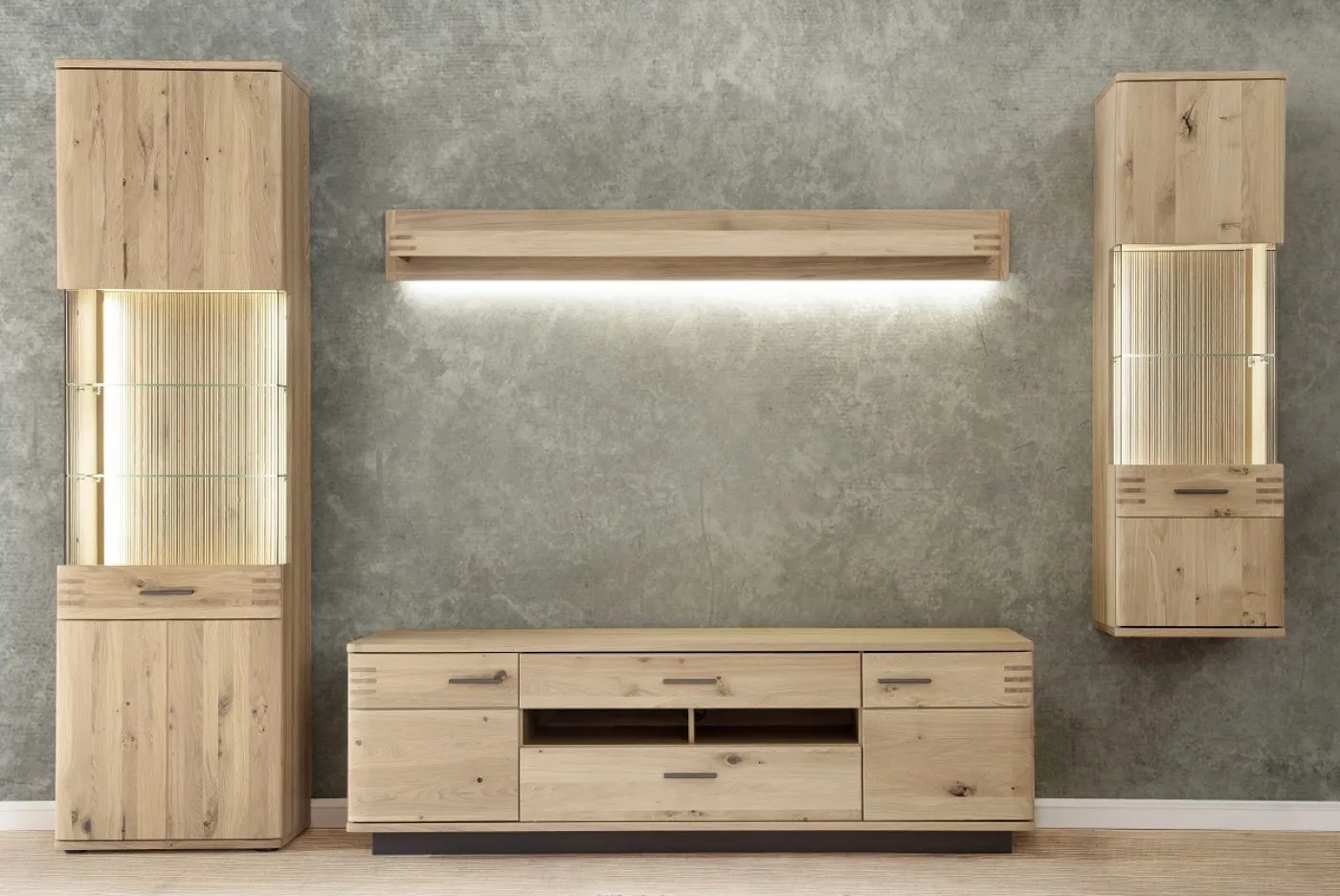 Wohnwand Anbauwand Salvador | Balkeneiche Bianco | 4-teilig | LED 3