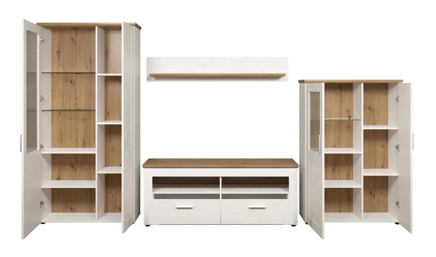 Wohnwand Anbauwand Shade | Andersen Pinie weiß / Artisan Eiche | Landhausstil | 4-teilig | LED Beleuchtung 1