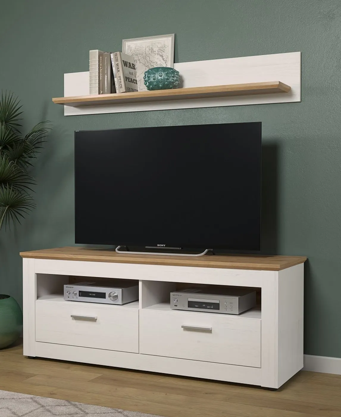 Wohnwand Anbauwand Shade | Andersen Pinie weiß / Artisan Eiche | Landhausstil | 4-teilig | LED Beleuchtung 1