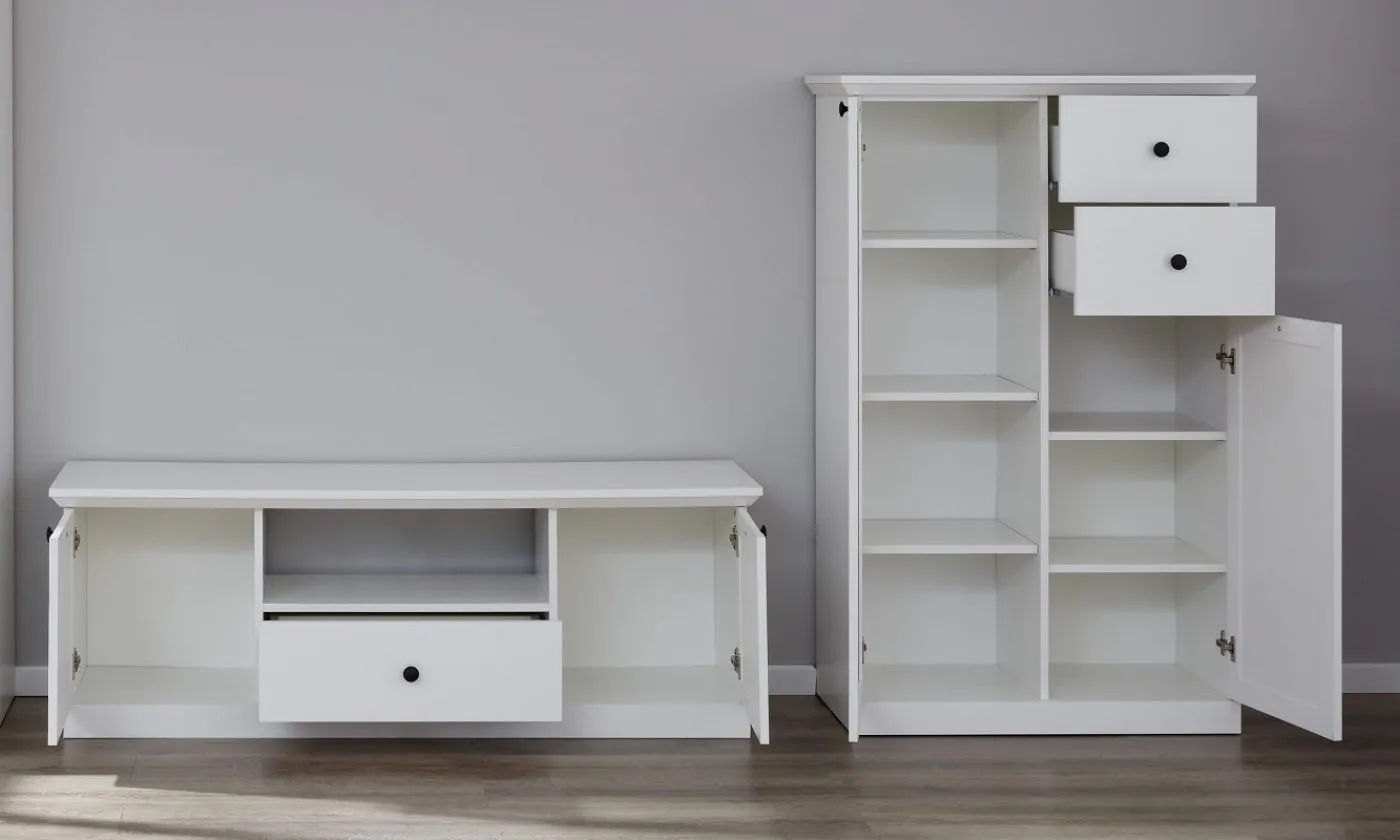Wohnwand Baxter | weiß | Landhausstil | 2-teilig | LED Beleuchtung 2