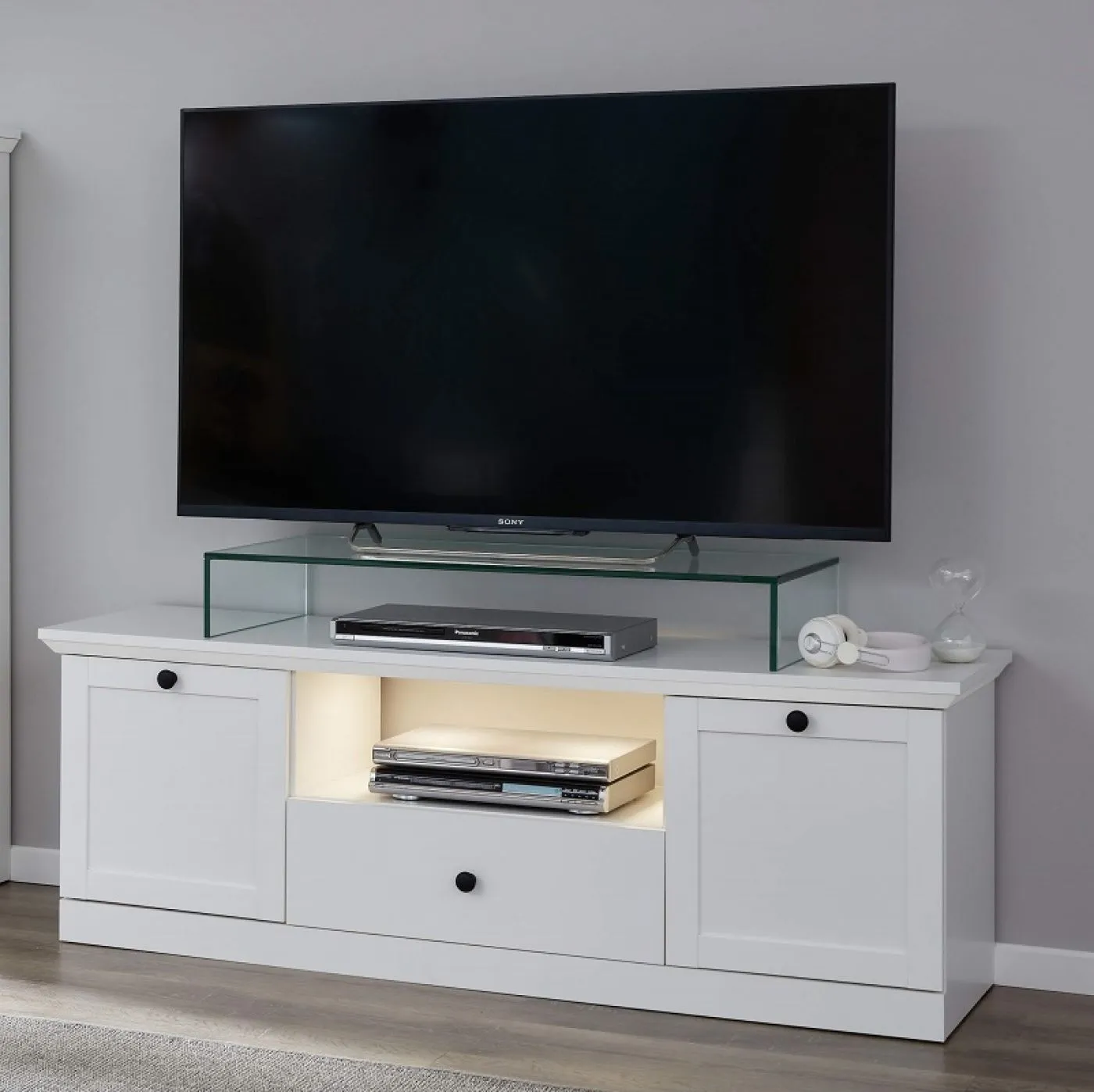 Wohnwand Baxter | weiß | Landhausstil | 4-teilig | LED Beleuchtung 4