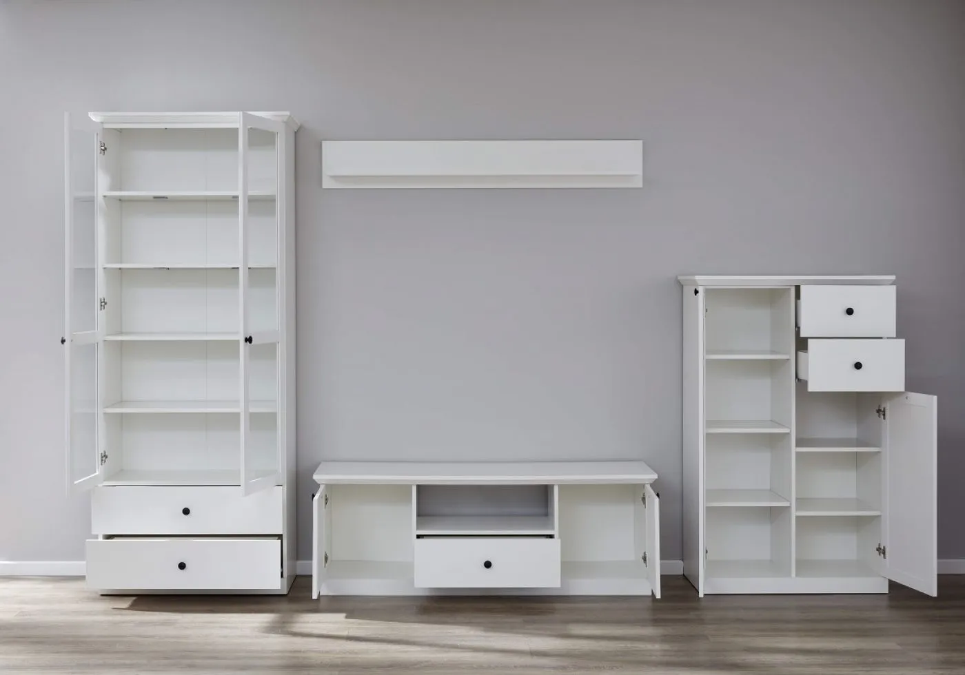 Wohnwand Baxter | weiß | Landhausstil | 4-teilig | LED Beleuchtung