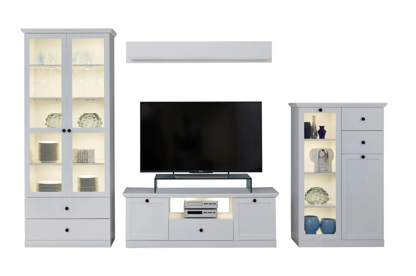 Wohnwand Baxter | weiß | Landhausstil | 4-teilig | LED Beleuchtung