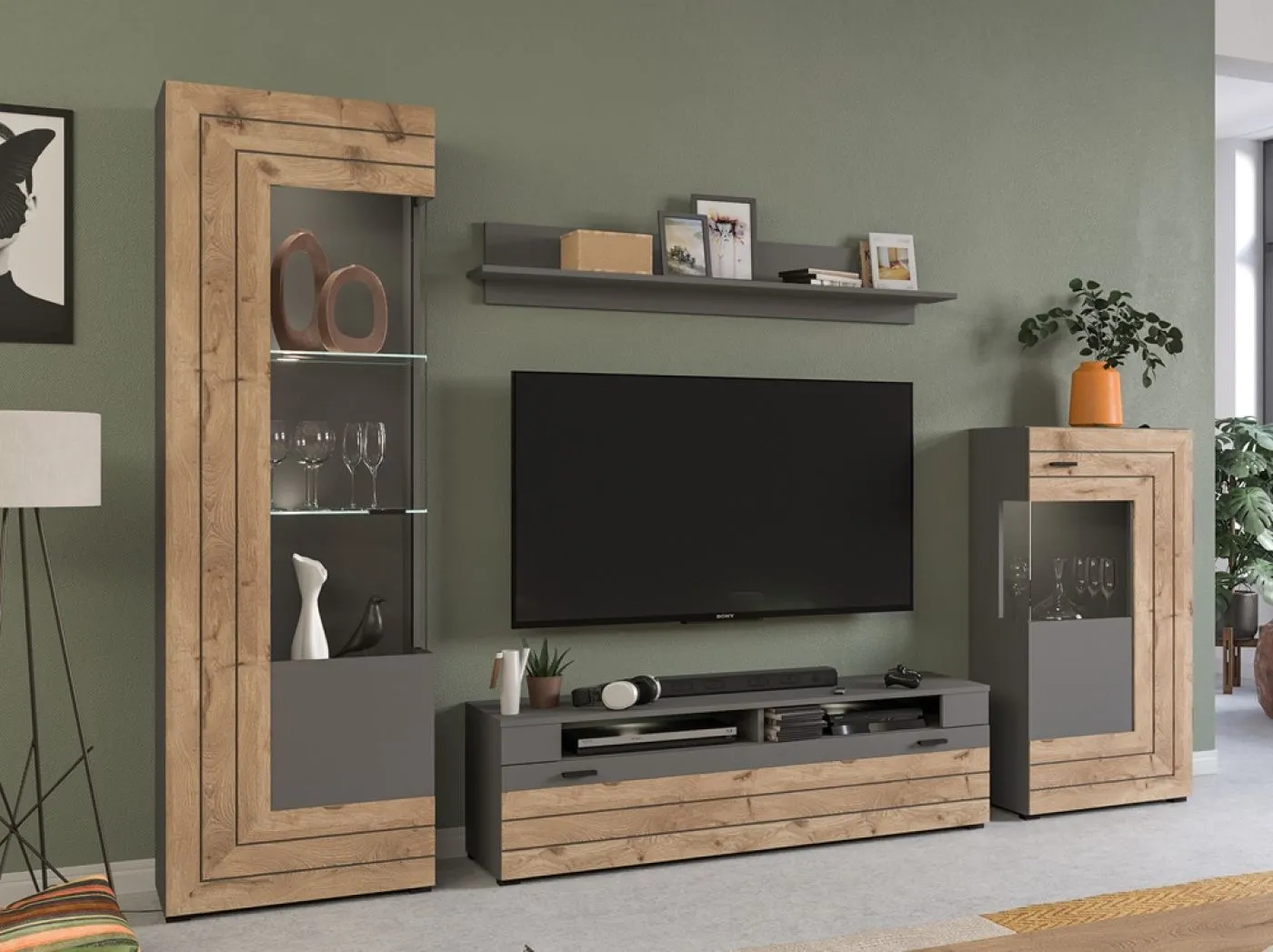 Wohnwand Freno | grau matt / Nox Oak | 4-teilig