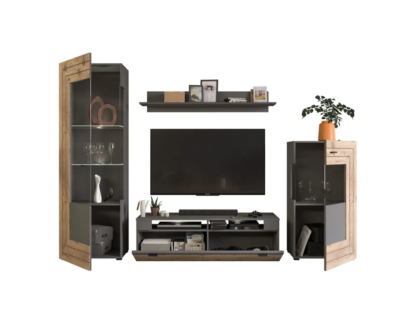 Wohnwand Freno | grau matt / Nox Oak | 4-teilig | LED Beleuchtung