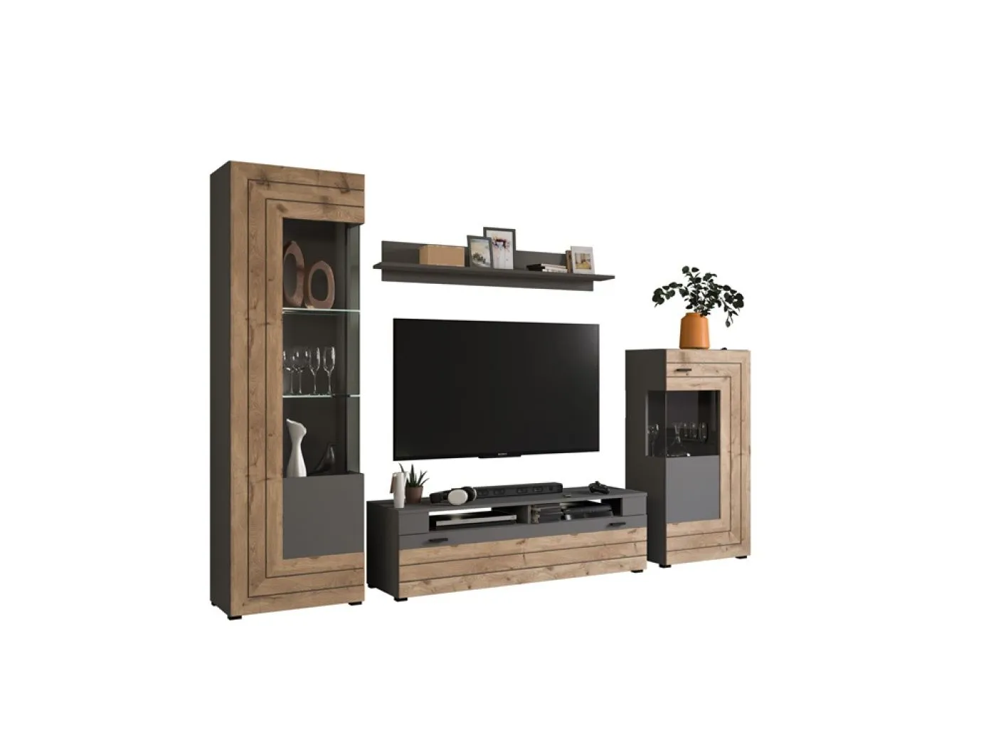 Wohnwand Freno | grau matt / Nox Oak | 4-teilig | LED Beleuchtung 7