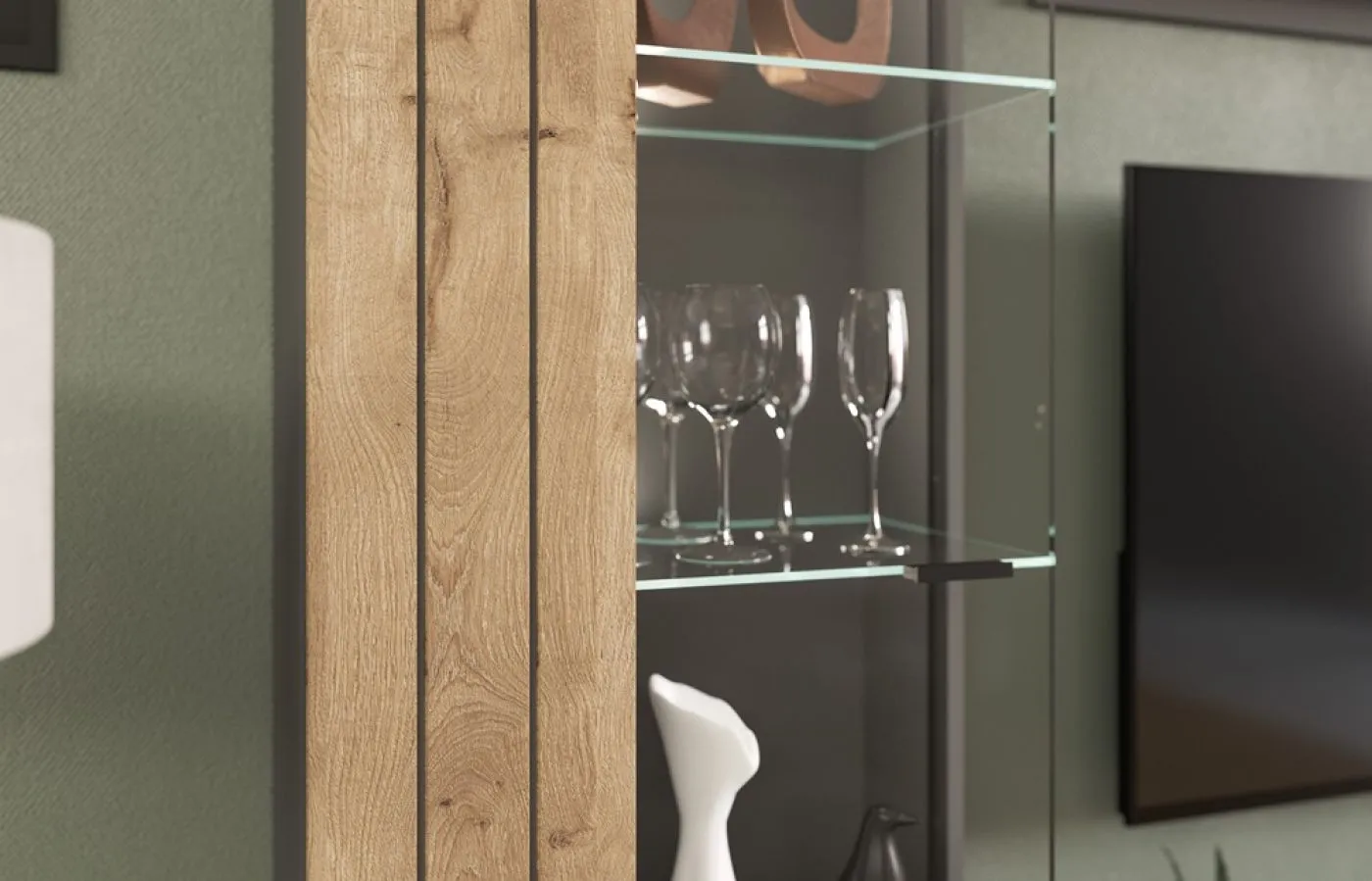 Wohnwand Freno | grau matt / Nox Oak | 4-teilig | LED Beleuchtung 7