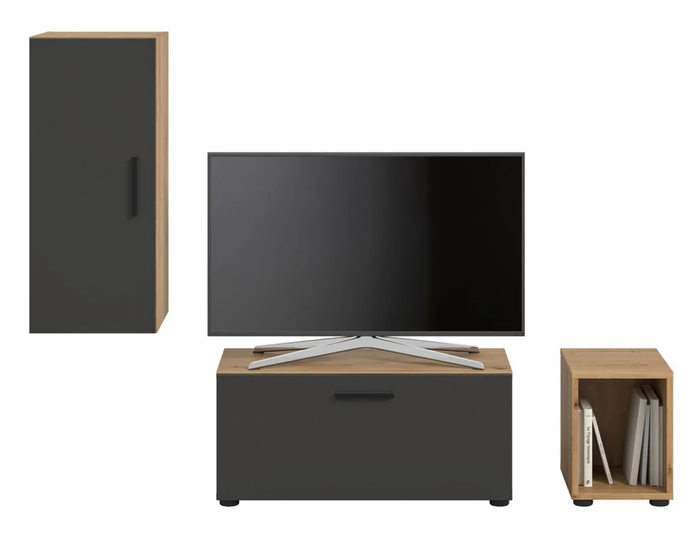Wohnwand The One | 3-teilig | Artisan Oak / Basalt grau mit 2er Set Unterbauspot warmweiß