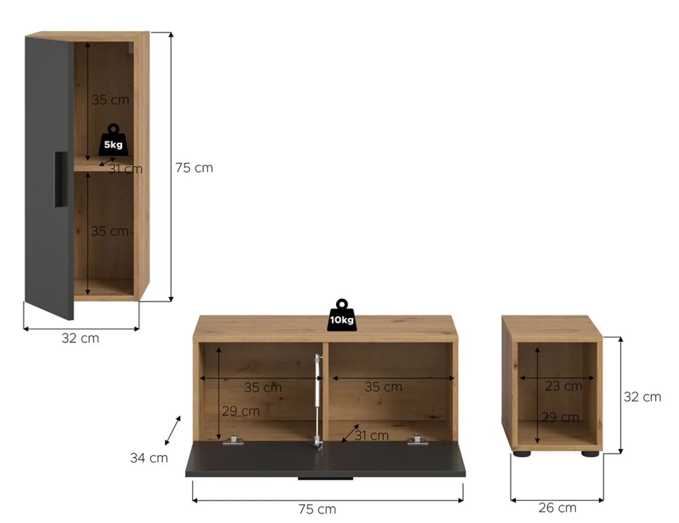 Wohnwand The One | 3-teilig | Artisan Oak / Basalt grau mit 2er Set Unterbauspot warmweiß