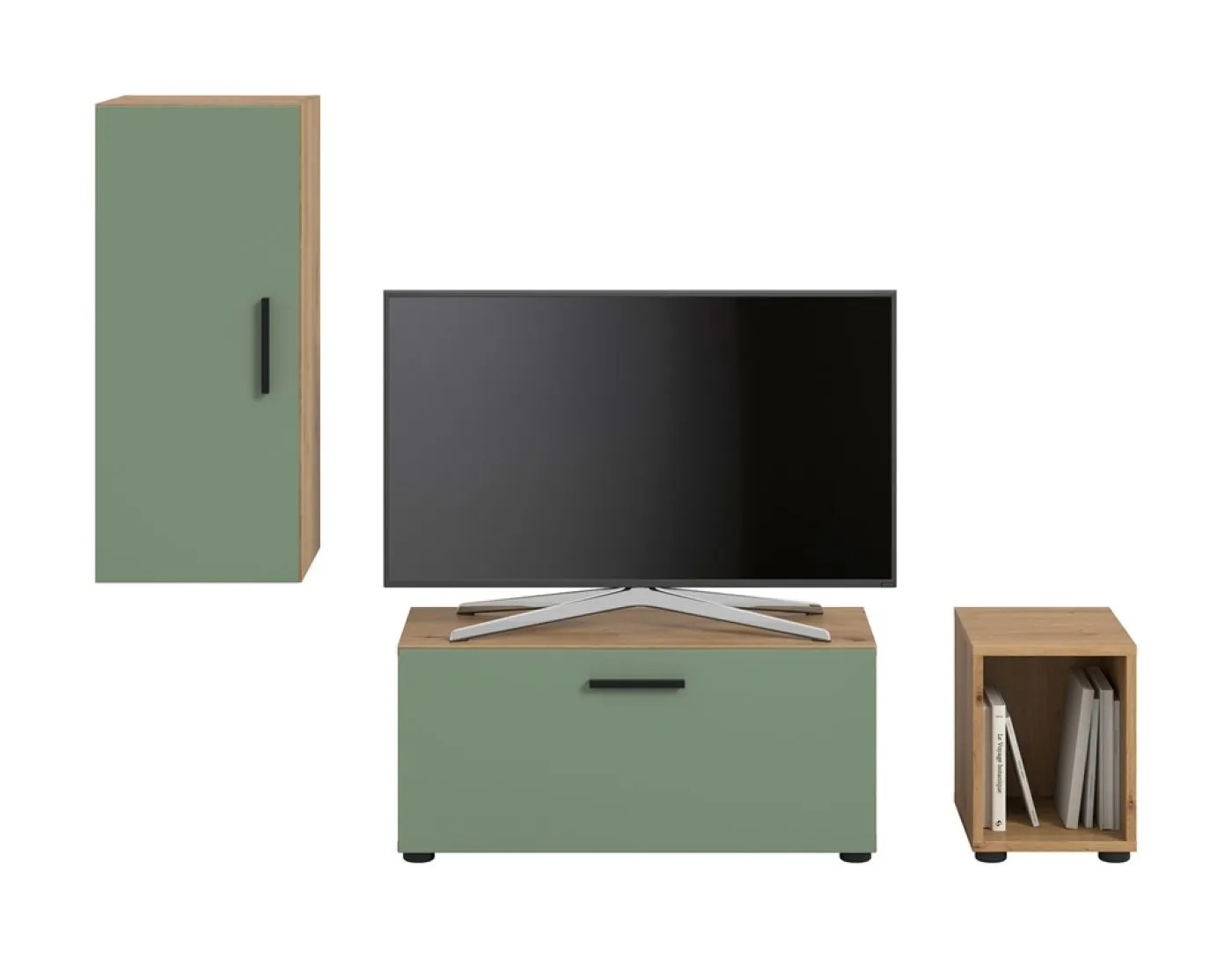 Wohnwand The One | 3-teilig | Artisan Oak / Smoke Green mit 2er Set Unterbauspot warmweiß