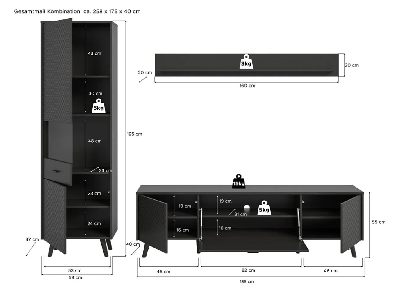 Wohnwand Wohnkombination Linea | 3-teilig | grau