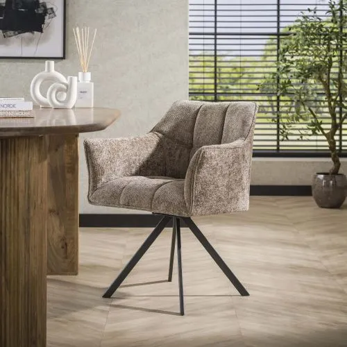 2er Set Stuhl Toik mit Armlehnen | drehbar | Hoven-Stoff / Chenillegewebe | Champagne
