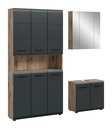 Bad Set Ice 10 | 3-teilig | Nox Oak / schwarz matt mit Badaufsatzleuchte
